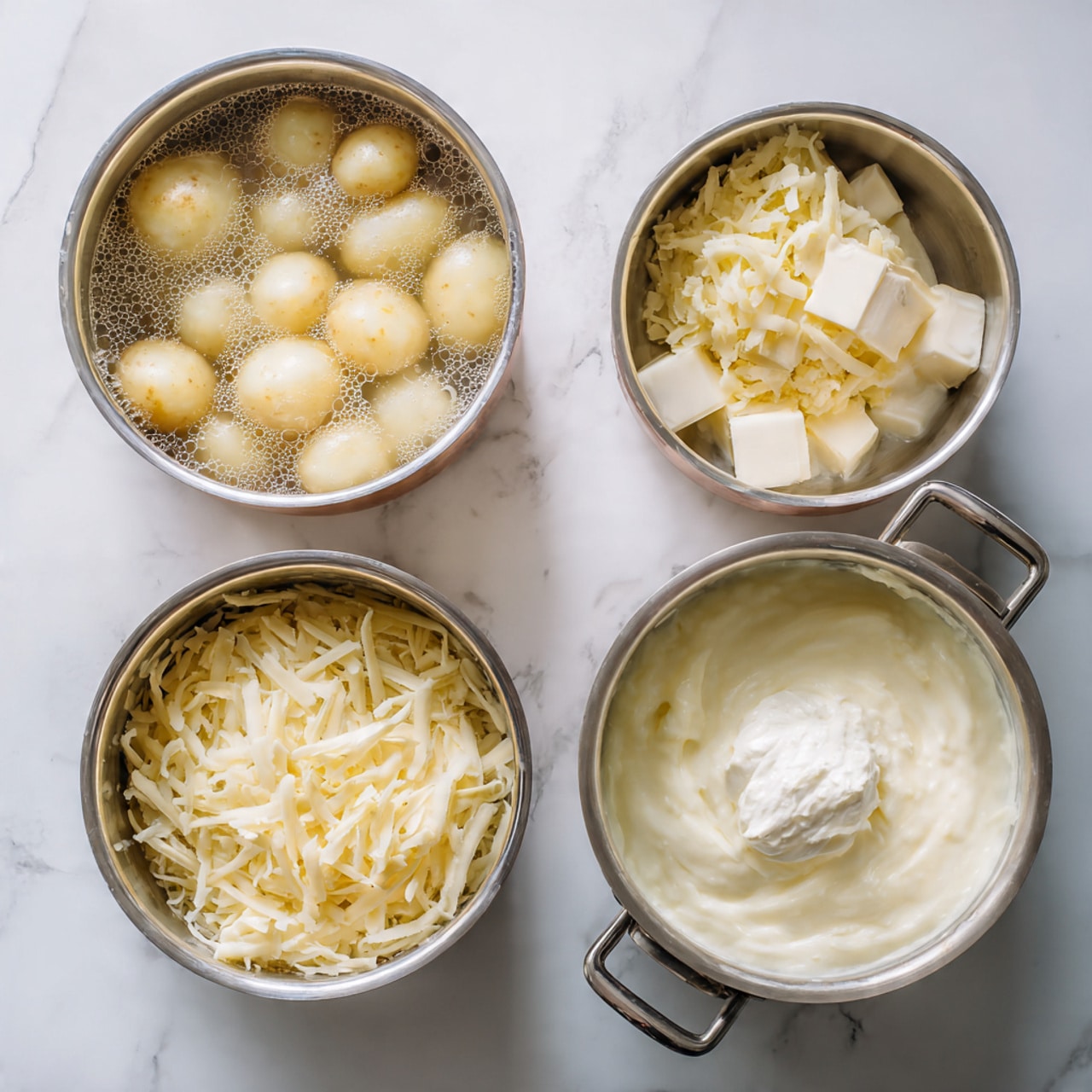 The image shows four pots on a white marbled surface, each at a different cooking step. The first pot on the top left is filled with peeled potatoes submerged in water with bubbles on the surface. The second pot on the top right contains cream and a few pieces of butter melting together, showing a smooth and creamy texture. The third pot on the bottom left shows shredded cheese being poured on top of the melted cream mixture, with the cheese piled high in a pale yellow layer. The fourth pot on the bottom right has the cheese and cream mix stirred into a thick, creamy, and smooth blend with a dollop of creamy white added on top, showing a soft and rich texture. Photo taken with an iphone --ar 4:5 --v 7