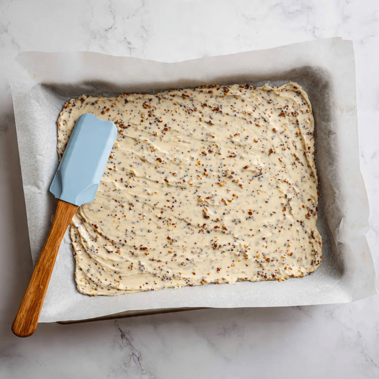 A baking sheet lined with white parchment paper holds an even, thin layer of creamy white batter speckled with small black and brown bits spread out in a nearly rectangular shape. On the left side of the sheet lies a blue silicone spatula with a wooden handle, slightly coated in the same batter. The baking sheet rests on a white marbled surface, giving a clean and bright look to the scene. photo taken with an iphone --ar 4:5 --v 7