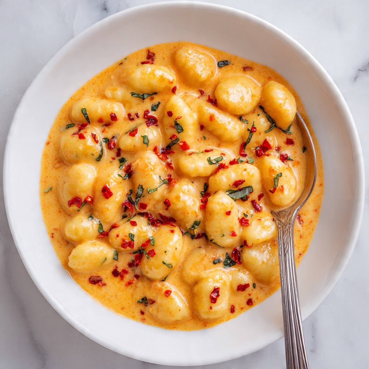 The image shows a close-up of a creamy orange sauce covering a pile of soft gnocchi on a white bowl. The sauce has small bits of red, likely pieces of chili, scattered throughout along with some green herbs sprinkled on top. A silver spoon is partially inside the bowl, touching the gnocchi from the right side. The white bowl rests on a white marbled surface. The texture of the sauce looks smooth and slightly thick, coating each gnocchi piece evenly. photo taken with an iphone --ar 4:5 --v 7