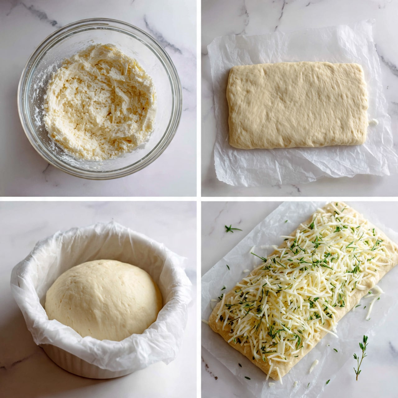 The image shows a four-step process of making dough and preparing it for baking on a white marbled surface. The top-left layer features a clear glass bowl with light beige dough batter that looks soft with some small lumps. The bottom-left layer shows a round, flattened dough ball with a smooth texture resting in a white parchment-lined bowl. On the right side, the top layer is a rectangular dough piece laid flat on parchment paper with small pieces of fresh green herbs spread on top. The bottom-right layer shows another rectangular dough piece topped with a thick pile of shredded white cheese in the center, ready for folding or baking. photo taken with an iphone --ar 4:5 --v 7