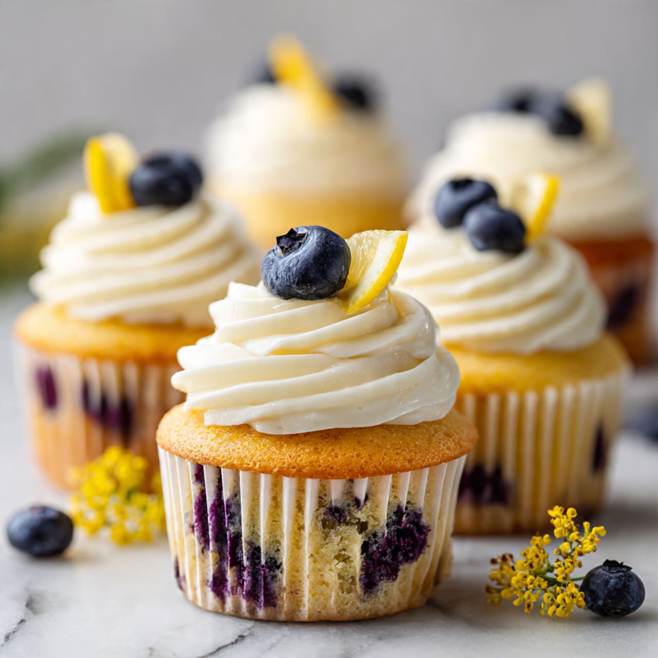 The image shows five blueberry cupcakes on a white marbled surface, arranged in a loose group with one cupcake in the front and the rest slightly blurred in the background. Each cupcake has two visible layers: the bottom layer is a yellow cake dotted with small dark purple blueberries, wrapped in a ridged white paper liner. The top layer is a swirl of smooth, creamy white frosting, piped generously in a circular motion. On top of each frosting swirl sits a single fresh blueberry and a small, thin wedge of bright yellow lemon peel, placed upright. A small cluster of tiny yellow flowers is visible beside the front cupcake, adding a subtle accent. Photo taken with an iphone --ar 4:5 --v 7