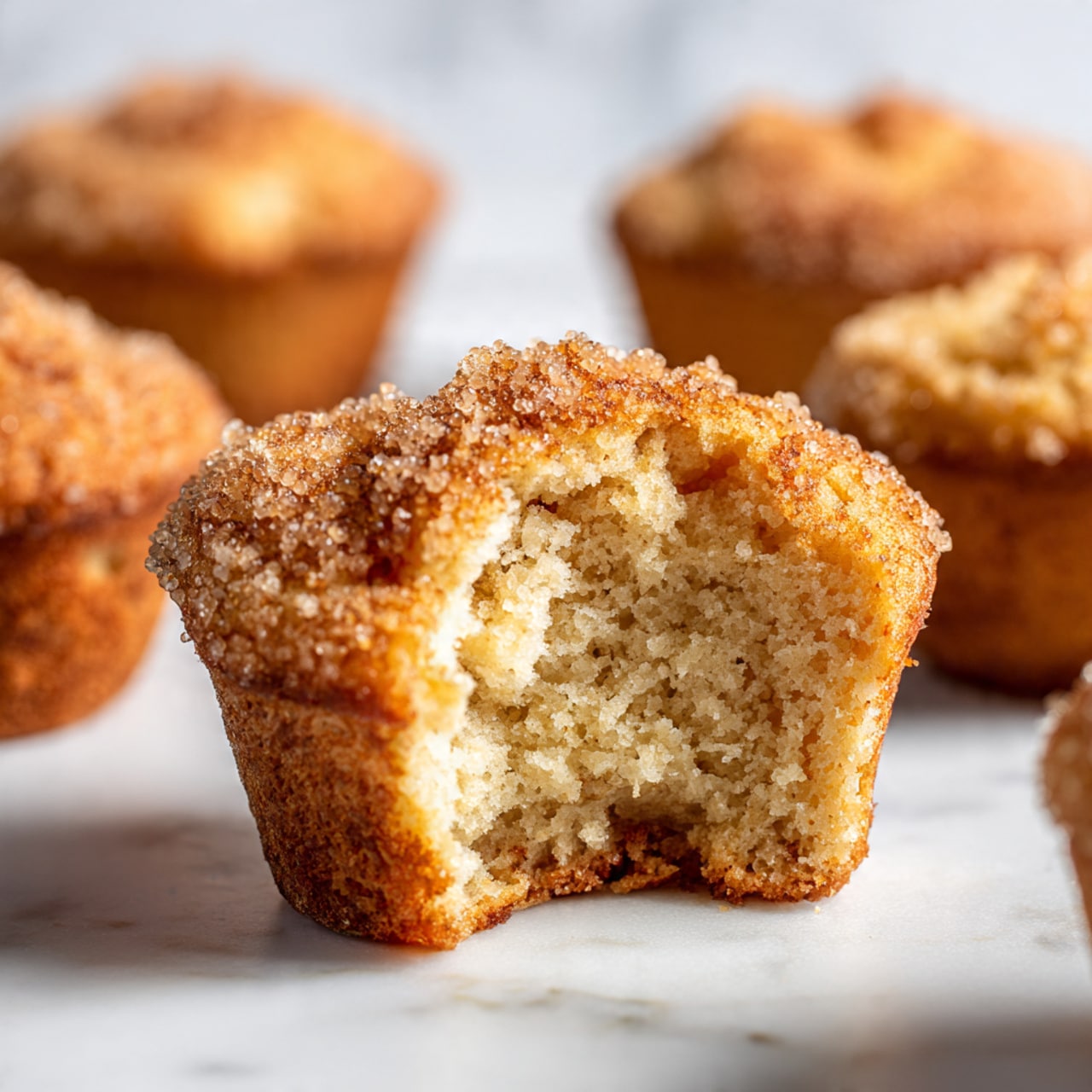 The image shows a close-up of a soft muffin with a crumbly texture, broken open to reveal its moist inside. The muffin has a golden brown outer layer coated with coarse sugar crystals, giving it a crunchy look. The inside is light beige with a tender, slightly grainy crumb structure. Around the muffin are hints of more muffins placed on a white marbled surface. The lighting highlights the sugar crystals and the soft inner texture clearly. photo taken with an iphone --ar 4:5 --v 7