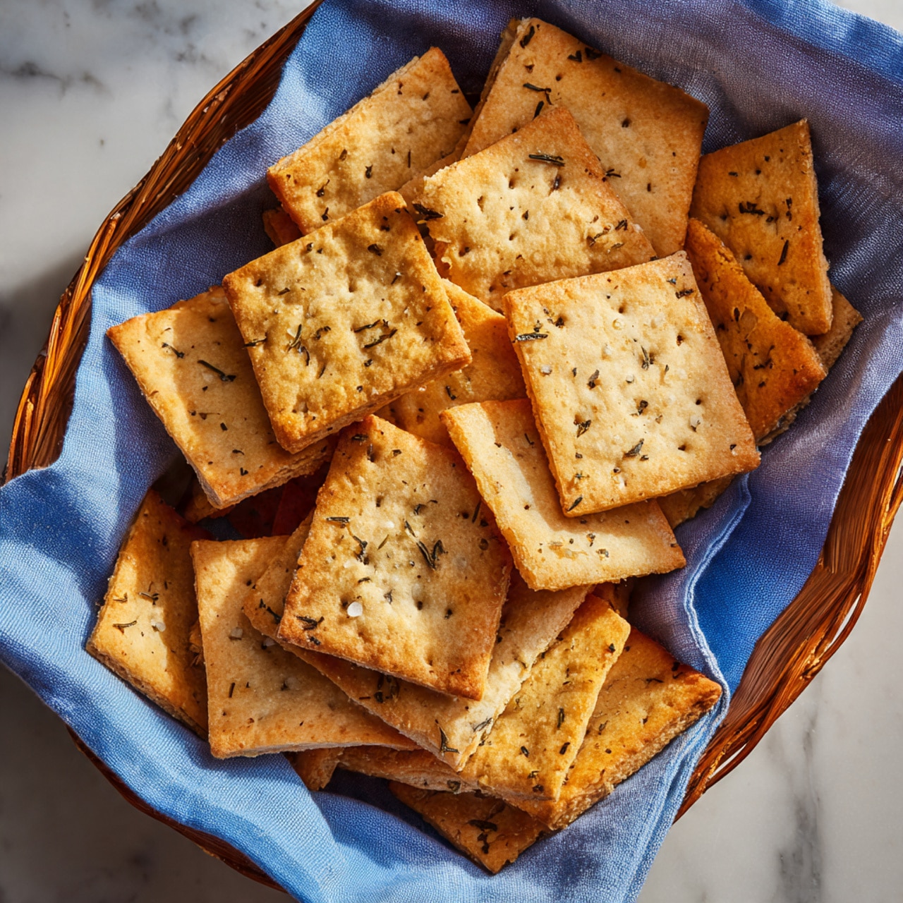 A basket lined with parchment and a blue cloth holds many square crackers. The crackers are light golden brown with darker edges and have small black herb flakes sprinkled on top. They are stacked unevenly, some overlapping others, showing a crunchy, slightly bumpy texture. The light hits the crackers from one side, giving a warm feel with shadows on the opposite side. The basket is on a white marbled surface. photo taken with an iphone --ar 4:5 --v 7