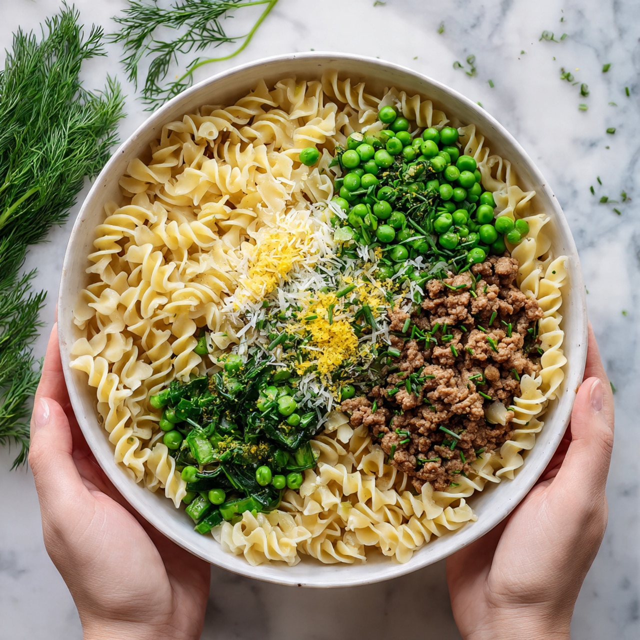 A white bowl filled with four main layers: at the bottom, pale beige wavy pasta noodles spread evenly; one side topped with light brown cooked ground meat with a crumbly texture; the middle layer has bright green fresh spinach leaves roughly chopped, and bright green peas scattered on top; the topmost layer sprinkled with finely grated white cheese, small pieces of yellow lemon zest, and finely chopped green herbs like chives, all on a white marbled surface with sprigs of fresh dill nearby, and a woman's hand holding the bowl. Photo taken with an iphone --ar 4:5 --v 7