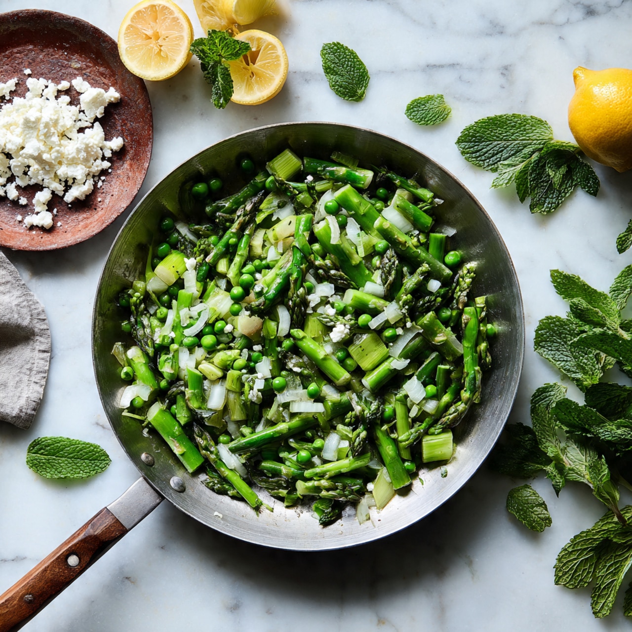 A silver pan filled with cooked green vegetables, mainly chopped asparagus stalks and tips mixed with peas and small pieces of onion, sits on a white marbled surface. To the left of the pan, there is a small brown plate covered with crumbled white cheese and a mint leaf on top, along with two lemon halves and some fresh green mint leaves scattered around. The pan handle extends toward the left side, resting on the surface with a slight cloth underneath. The overall color is mainly green with fresh white and yellow accents photo taken with an iphone --ar 4:5 --v 7