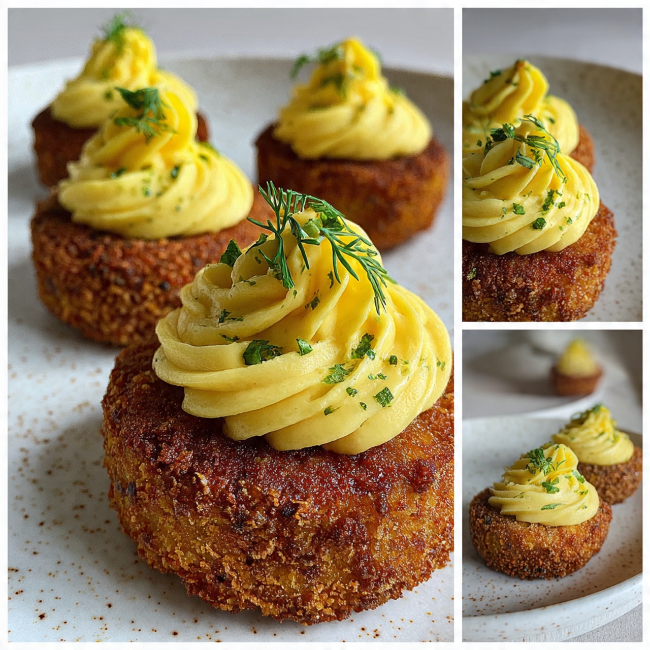 The image shows four round, crispy, golden-brown fried patties arranged on a white speckled plate with a white marbled background. Each patty has a thick layer of yellow whipped topping piped on top, looking soft and smooth with some small black specks in it. On top of each yellow swirl, there is a small green herb garnish, possibly dill, adding a fresh touch. The close-up shot highlights the crunchy texture of the patties and the creamy texture of the topping, with a shallow depth of field focusing on the front patties. Photo taken with an iphone --ar 4:5 --v 7