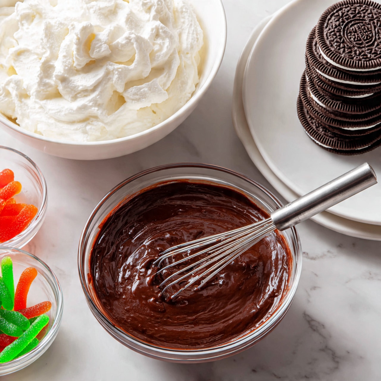 The image shows a clear glass bowl filled with smooth dark brown chocolate batter, with a metal whisk resting inside. Behind it, there is a white bowl filled with fluffy white whipped cream, showing soft peaks and airy texture. To the right, a white plate holds three neat stacks of dark chocolate sandwich cookies, each stack about five cookies high. On the left, a small clear bowl contains colorful gummy worms in green, red, and orange. Everything is placed on a white marbled surface, creating a bright and clean setting. photo taken with an iphone --ar 4:5 --v 7
