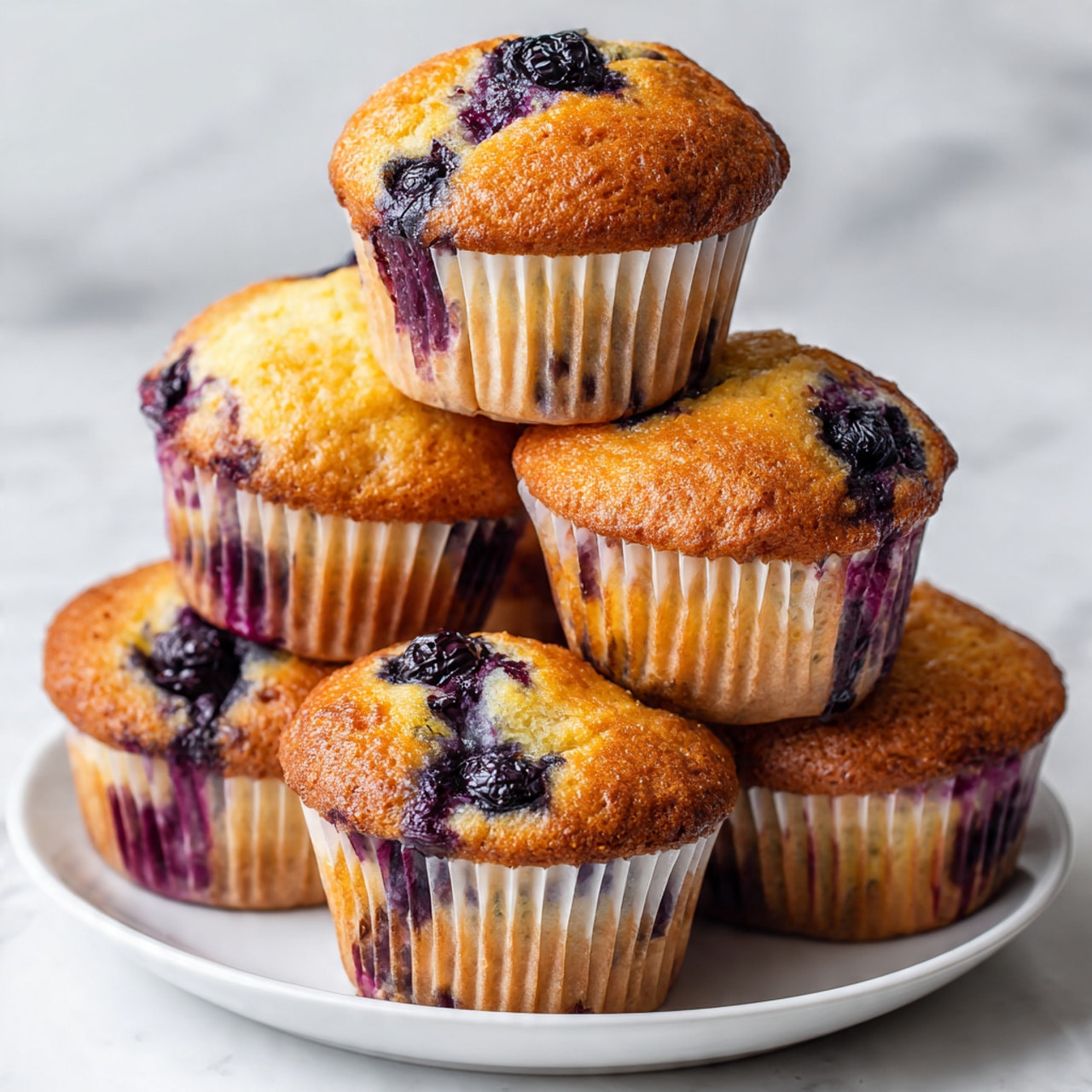 A group of golden-brown blueberry muffins are stacked on a large white plate. Each muffin has a slightly cracked top showing deep purple blueberries inside, some blueberries are visible on the surface with a shiny, juicy look. The muffin wrappers are white with faint vertical lines. The plate sits on a white marbled surface. Photo taken with an iphone --ar 4:5 --v 7