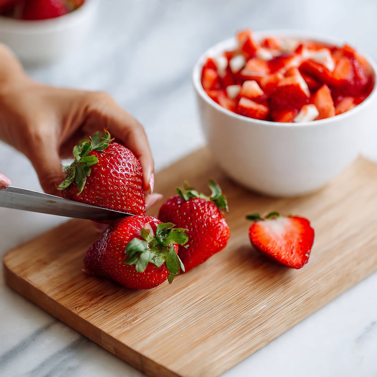 The image shows a woman’s hand holding a small knife slicing a bright red strawberry on a light brown cutting board. Around the cutting board, there are several whole strawberries with green leaves still attached and one sliced strawberry. In the background, a white bowl is filled with chopped red and white pieces of strawberries, placed on a white marbled surface. The scene has soft, natural lighting and a close-up view that highlights the texture of the strawberries and the smooth surface of the bowl. Photo taken with an iphone --ar 4:5 --v 7