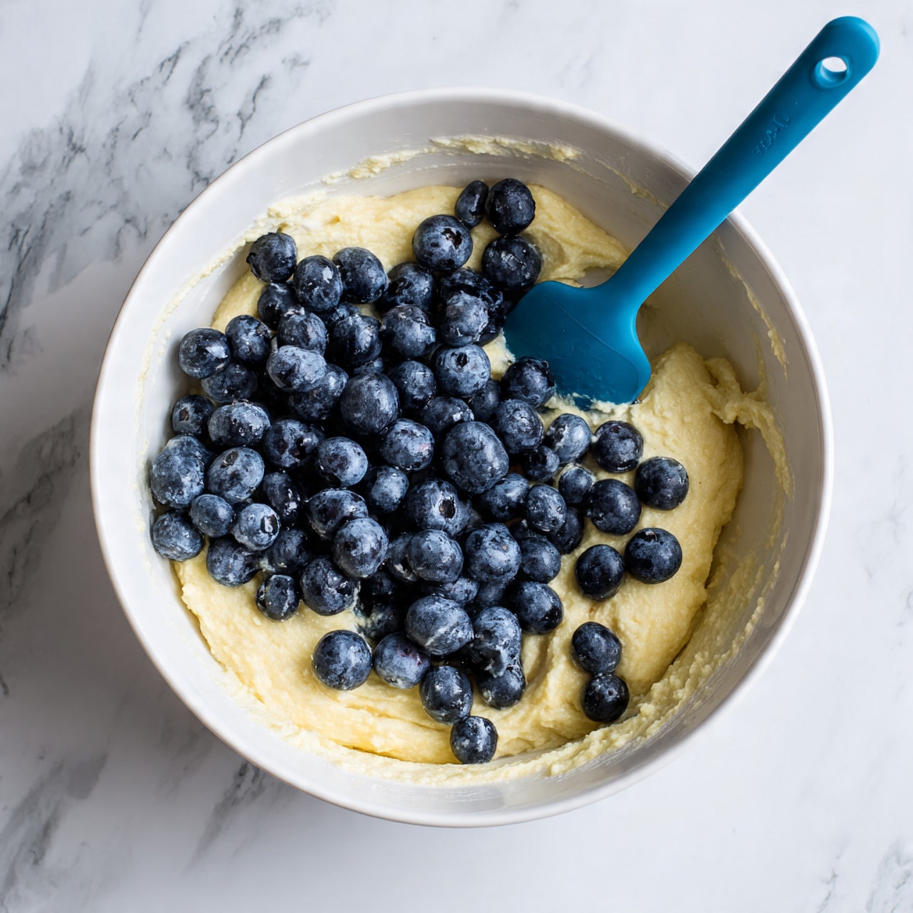 A white bowl filled with pale yellow batter has a large pile of fresh dark blue blueberries on top, with some blueberries slightly embedded in the batter. A blue spatula with batter on it rests inside the bowl, positioned on the right side. The inside of the bowl has streaks of batter around the edges, and the bowl sits on a white marbled surface. photo taken with an iphone --ar 4:5 --v 7