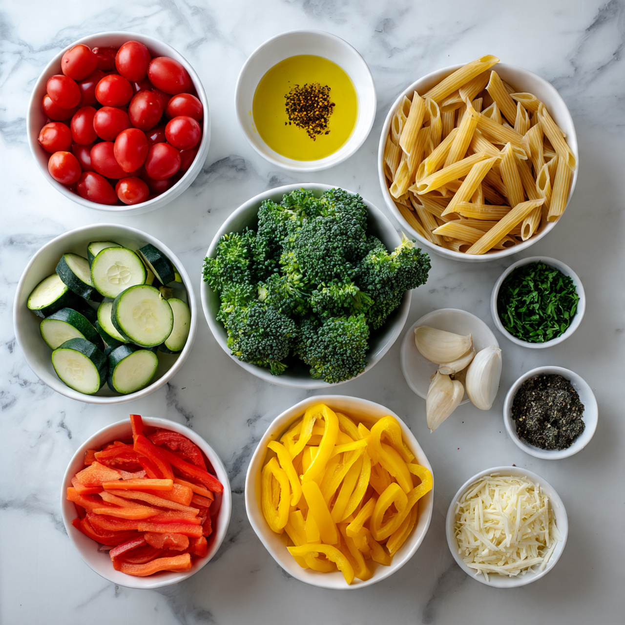 Pasta Primavera Recipe 4 The image shows a bright and colorful arrangement of fresh ingredients on a wooden board and white marbled surface. On the wooden board, there is a bunch of green asparagus laid out next to a half purple onion and a knife with a wooden handle. In front of the asparagus, there is a white bowl filled with shiny green peas, and a few peas scattered around. To the right, on the board, there is a white plate filled with chopped green and yellow zucchini slices and a cluster of garlic cloves. Above the board, there is a small round wooden bowl filled with bright red cherry tomatoes and fresh basil leaves beside it. Further above, a white bowl contains uncooked penne pasta next to a glass bottle of olive oil. At the bottom of the image, two yellow lemons are placed on the white marbled surface. There is also a small white round container with red chili flakes next to a chunk of grated cheese on a white speckled plate. Photo taken with an iphone --ar 4:5 --v 7