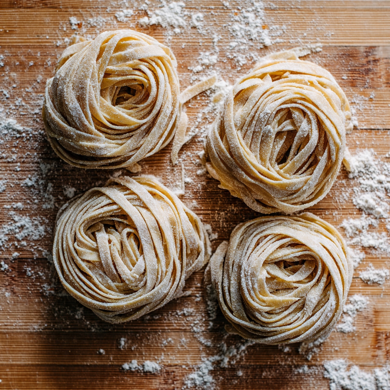 Four nests of fresh pasta are arranged on a wooden surface sprinkled with white flour. Each nest has many thin, flat strips of dough coiled in tight rounds, showing a pale beige color with a slightly rough texture dusted with flour. The pasta strands vary in length and slightly overlap each other, creating a layered, spiral shape in each nest. The surface underneath the pasta has a warm, natural wood grain pattern with light flour scattered unevenly around. photo taken with an iphone --ar 4:5 --v 7