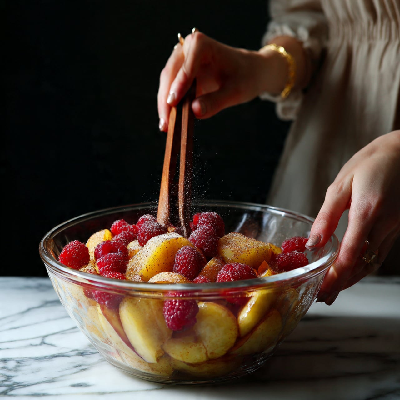 A clear glass bowl is filled with several layers of cooked golden yellow and brown peach slices mixed with bright red raspberries, all sprinkled lightly with a fine brown powder. A woman's hand holds wooden tongs with a metal tip, lifting a piece of peach from the bowl while the other woman's hand steadies the bowl. The bowl sits on a white marbled surface, and the background is dark, making the colors of the fruit stand out. photo taken with an iphone --ar 4:5 --v 7