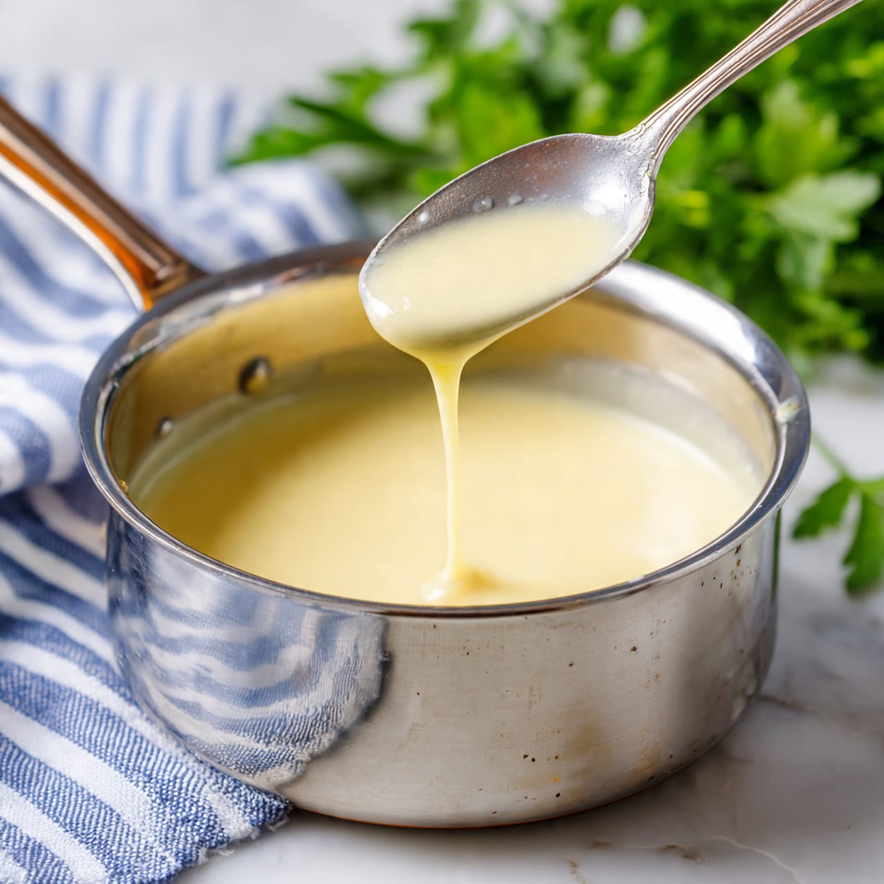 A close-up view of a small shiny silver saucepan filled with smooth, pale yellow sauce that has a creamy texture. A silver spoon is held above the pan, dripping some sauce back into it, showing the sauce’s thick and silky consistency. The background shows a blurred white marbled texture with green herbs and a blue and white striped cloth nearby, adding a fresh and neat feel to the image. photo taken with an iphone --ar 4:5 --v 7