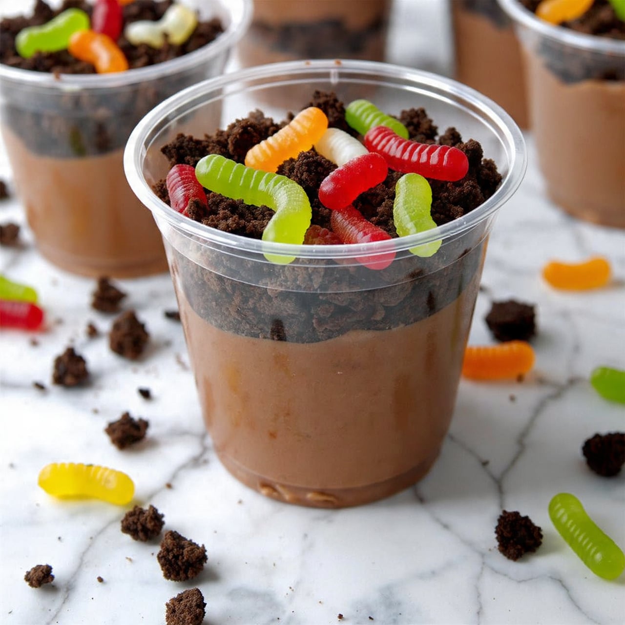 The image shows a clear cup with two layers inside: the bottom layer is smooth, light brown chocolate pudding, and the top layer is dark, crumbly crushed cookies that look like soil. On top of this cookie layer, there are colorful gummy worms in green, white, red, yellow, and orange, some placed as if they are crawling out of the