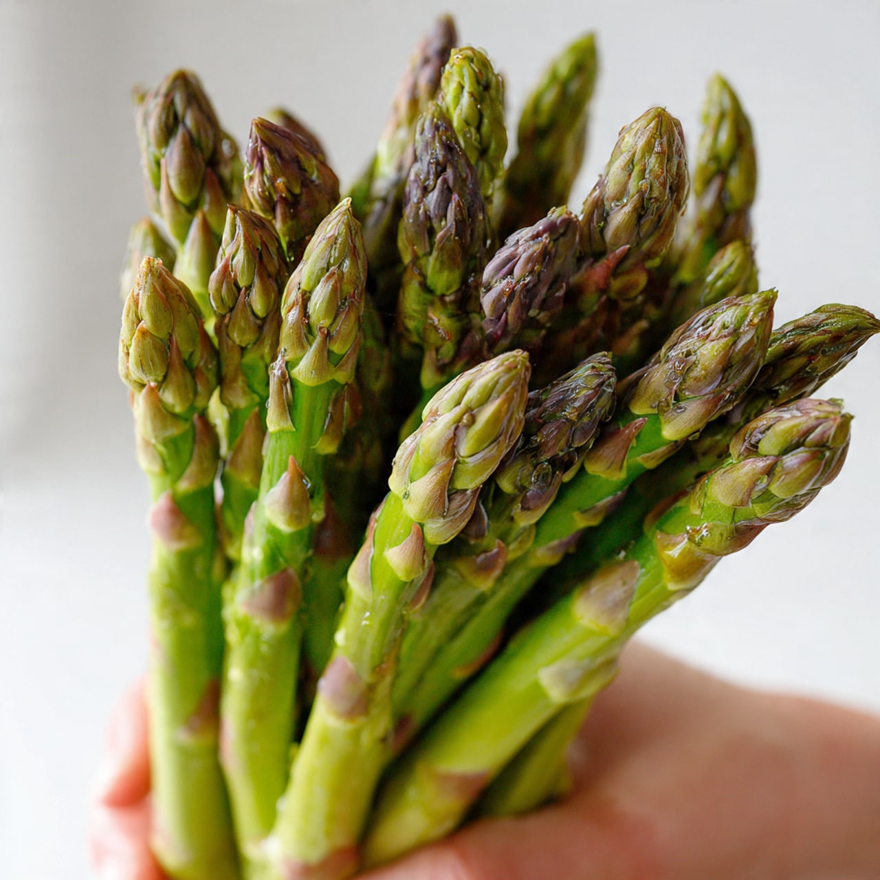 A bunch of fresh green asparagus spears is held tightly by a woman's hand at the bottom of the frame. The asparagus tips are pointed and tightly closed, showing a mix of bright green and some purple hues. The stems are firm and smooth with small buds, some showing faint water droplets that add freshness. The background is bright and clean, making the green asparagus stand out clearly. photo taken with an iphone --ar 4:5 --v 7