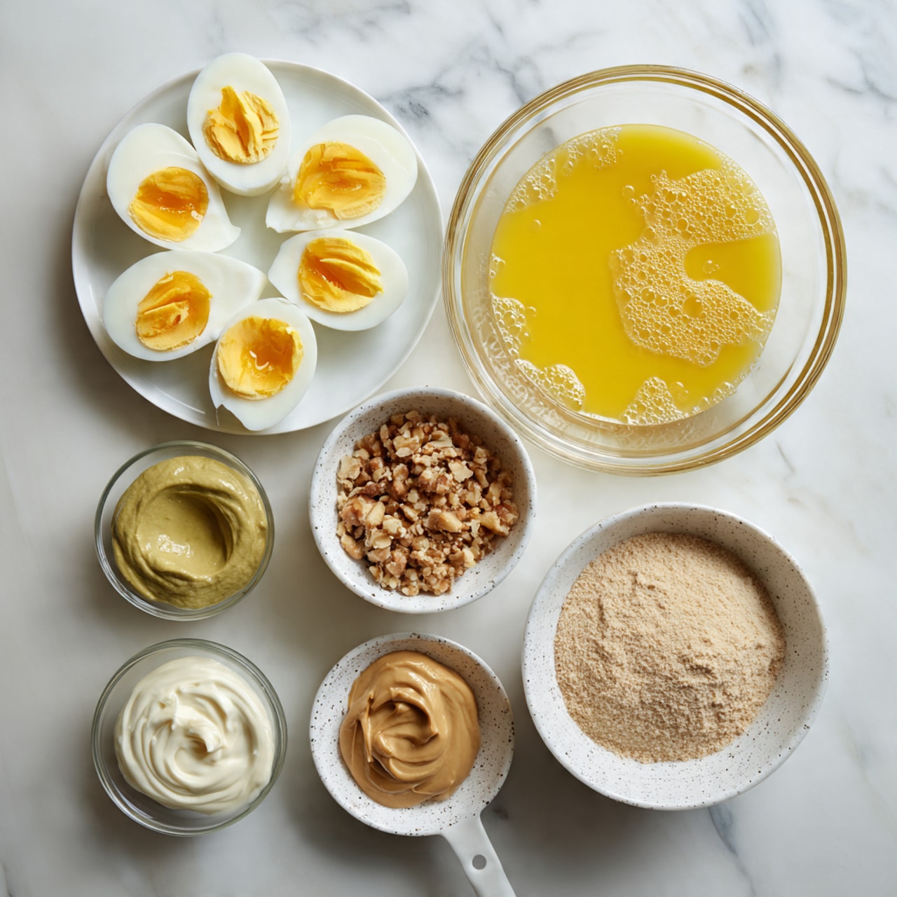 The image shows several cooking ingredients arranged on a white marbled surface. In the center, there is a clear glass bowl filled with beaten eggs with a bright yellow color and some bubbles on the surface. To the right, a white measuring cup is full of light beige crumbs, and next to it, a small speckled bowl holds a light brown, smooth paste resembling peanut butter. Below, a small speckled bowl contains thick, light green mustard, and next to it, a small clear glass bowl holds a dollop of white mayonnaise. On the left side, a white speckled plate displays six halved boiled eggs with bright yellow yolks and smooth, firm white edges. The ingredients are spaced out neatly and clearly visible, with a clean, bright setting. Photo taken with an iphone --ar 4:5 --v 7