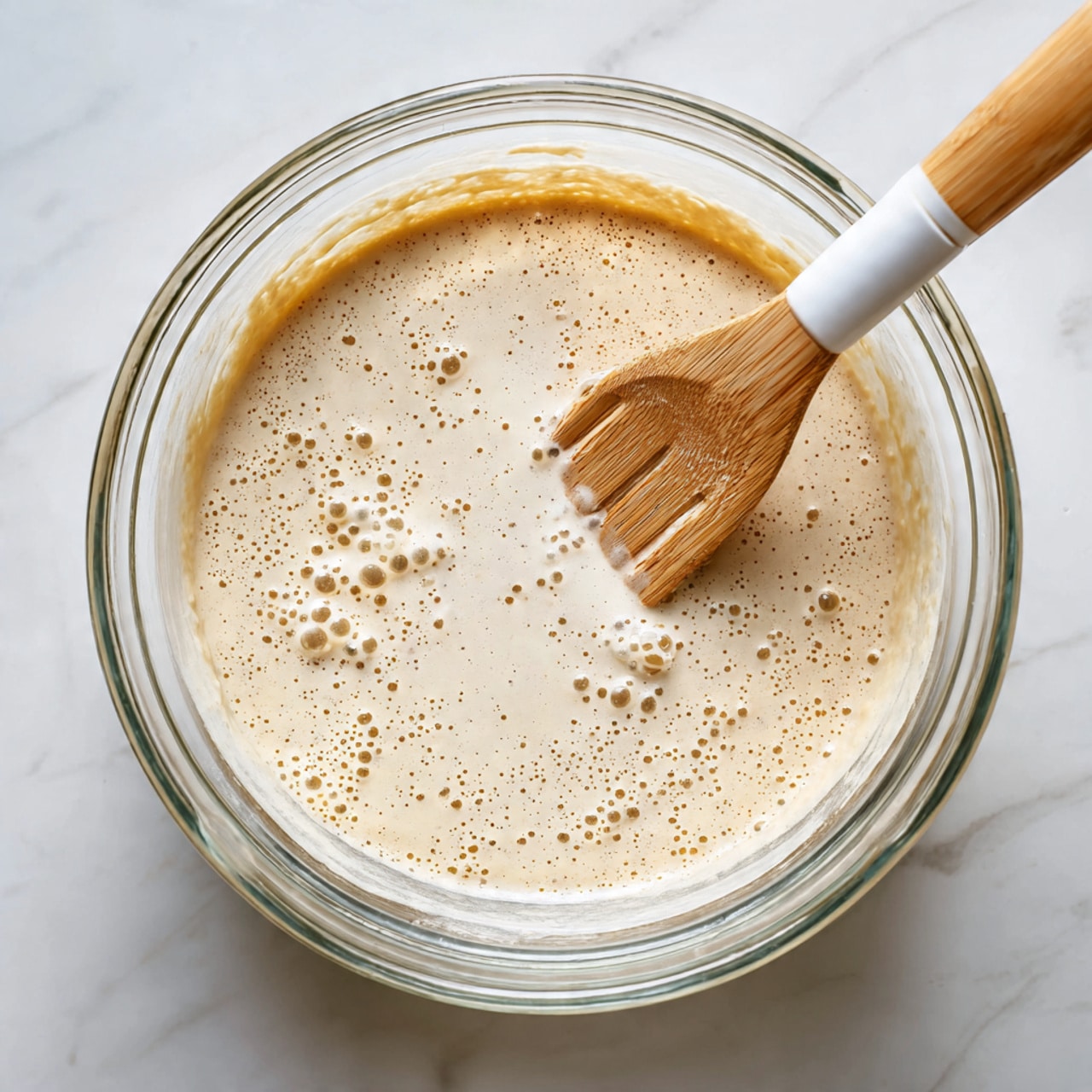 A clear glass bowl filled with creamy light beige batter that has lots of small bubbles all over its surface, showing a thick but smooth texture. A wooden spatula with a white flexible tip is resting inside the bowl at the upper right side, partially coated with the batter. The bowl is placed on a white marbled surface, and the background is softly out of focus. photo taken with an iphone --ar 4:5 --v 7