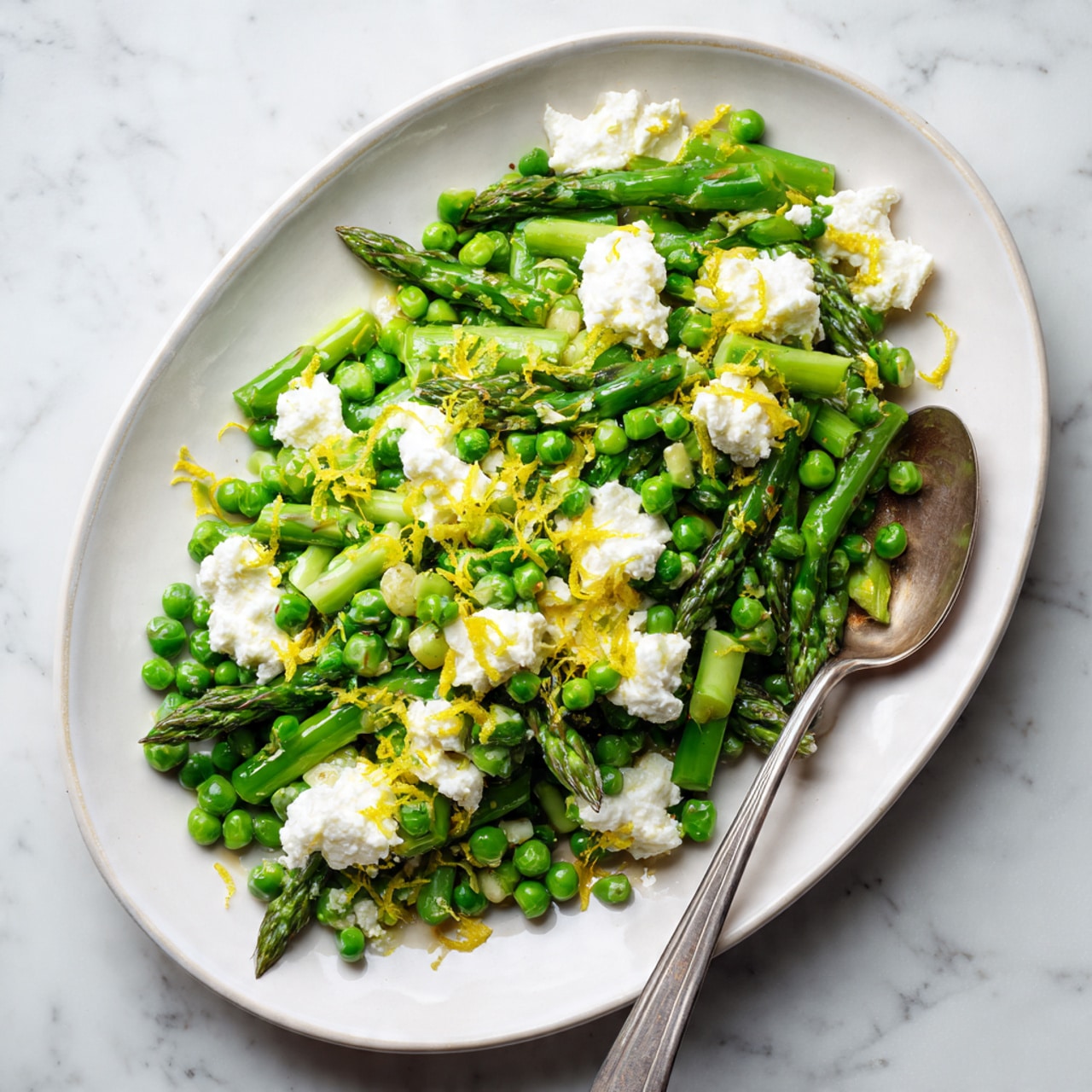 A white oval plate with a mix of chopped green asparagus and peas as the base layer, showing a vibrant fresh green color and a slightly shiny, cooked texture. On top, there are small dollops of white soft cheese scattered evenly across the vegetables. Bright yellow lemon zest is sprinkled over the whole dish, adding small pops of color. A silver spoon rests on the right side of the plate, partly in the food. The plate sits on a white marbled textured surface. Photo taken with an iphone --ar 4:5 --v 7