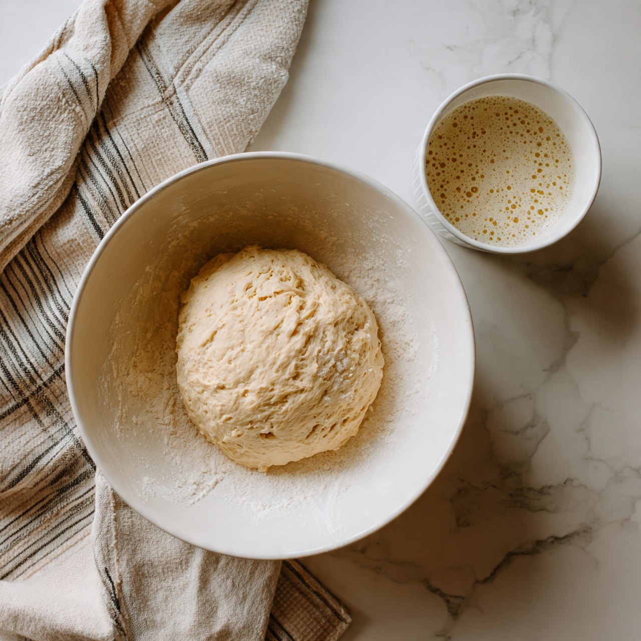 A white bowl holds a rough, uneven ball of dough with a slightly sticky and soft texture, resting in the center. The inside edges of the bowl have bits of dough and flour sticking lightly. Next to the bowl, there is a small white container with a bubbly, creamy mixture inside. A beige cloth with thin dark stripes lies partially unfolded behind the bowl, all set on a white marbled surface. photo taken with an iphone --ar 4:5 --v 7