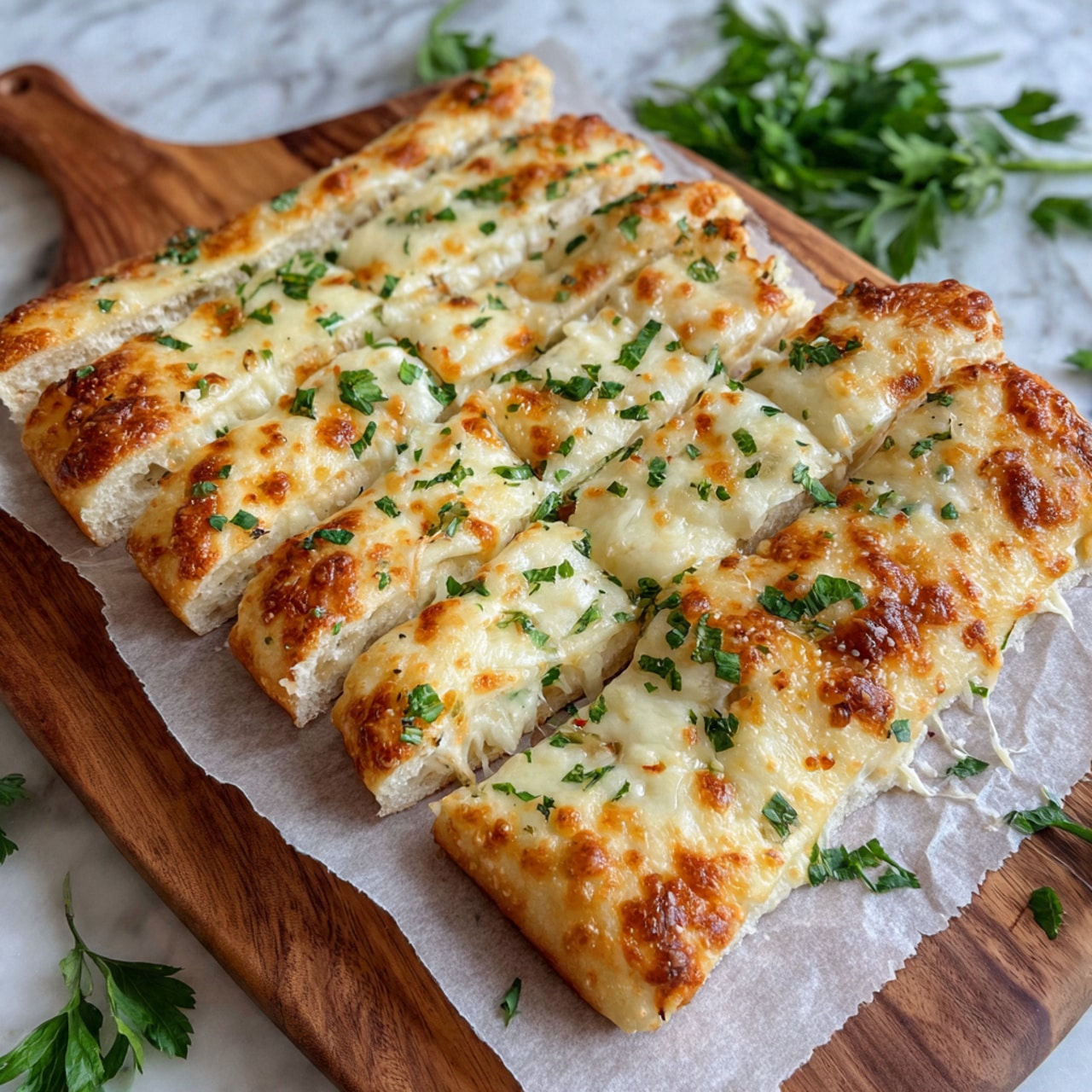 The image shows a flatbread cut into long rectangular pieces arranged in two rows. The flatbread has a light golden brown crust with a soft, slightly puffy texture and is topped with melted cheese that is creamy white with golden brown spots from baking. Small green herb pieces are scattered lightly on the cheese, adding a touch of color. The flatbread rests on parchment paper placed on a wooden board, with some sprigs of fresh green herbs nearby. The background is a white marbled texture. photo taken with an iphone --ar 4:5 --v 7