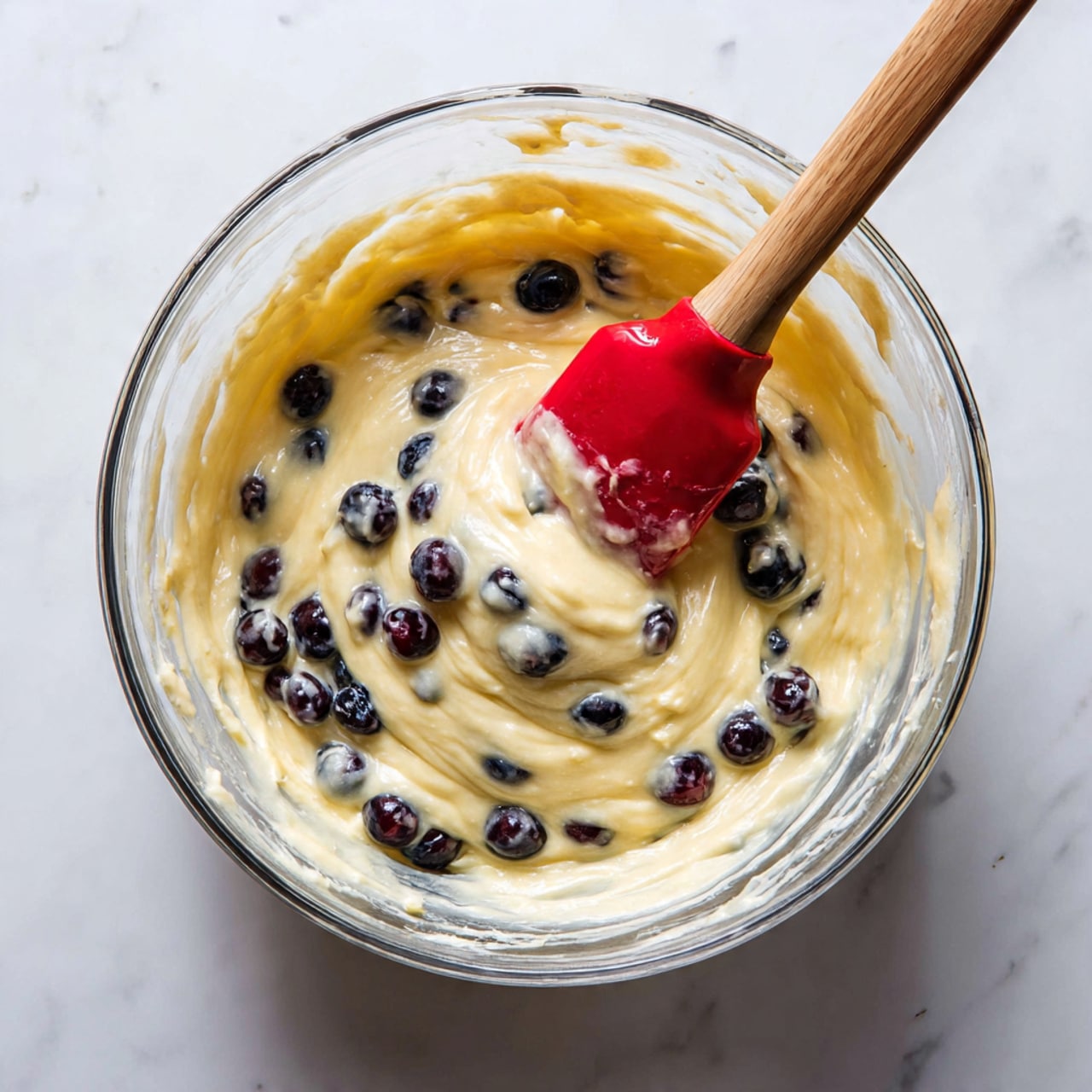 A clear glass bowl sits on a white marbled surface filled with thick pale yellow batter mixed with whole dark blue blueberries scattered throughout. A red spatula with a wooden handle is partially dipped into the batter, showing the creamy and smooth texture swirling gently. The sides of the bowl have streaks of batter clinging slightly, showing the mixing process. photo taken with an iphone --ar 4:5 --v 7