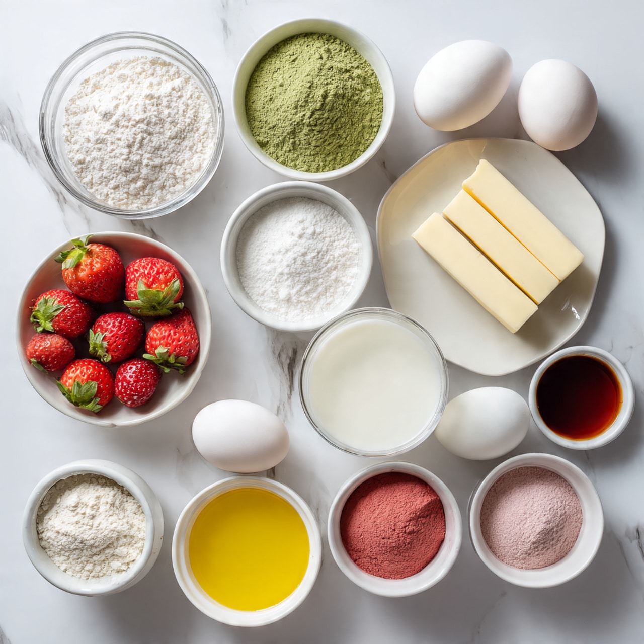 The image shows various baking ingredients arranged neatly on a white marbled surface. There are eleven white bowls and small plates, along with two eggs placed directly on the surface. From top left to bottom right, the first bowl contains white flour, followed by a bowl with green powder, another with white granulated substance, and a plate with two rectangular light yellow butter sticks. Below these, a bowl with a fine white powder, a clear glass bowl with milk, and a bowl with a clear liquid are placed. Two white eggs are near the middle right side. At the bottom left, a white bowl holds fresh red strawberries with green leaves. Next to it is a small bowl with bright yellow liquid, another bowl with pink powder, and a small white dish with dark brown liquid. The ingredients create a clean, colorful, and organized look. Photo taken with an iphone --ar 4:5 --v 7