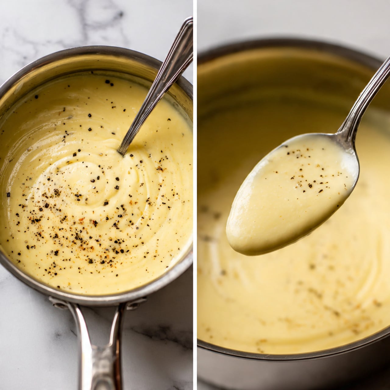 The image shows a close-up view of a silver saucepan filled with thick, creamy light yellow sauce. The sauce has a smooth texture with small black pepper pieces sprinkled on the surface. In the left part of the image, a silver spoon stirs the sauce, showing some swirling patterns and pepper floating on top. In the right part, a silver spoon lifts some sauce, displaying its rich, smooth thickness against the dark stove surface. The background surface is a white marbled texture. photo taken with an iphone --ar 4:5 --v 7