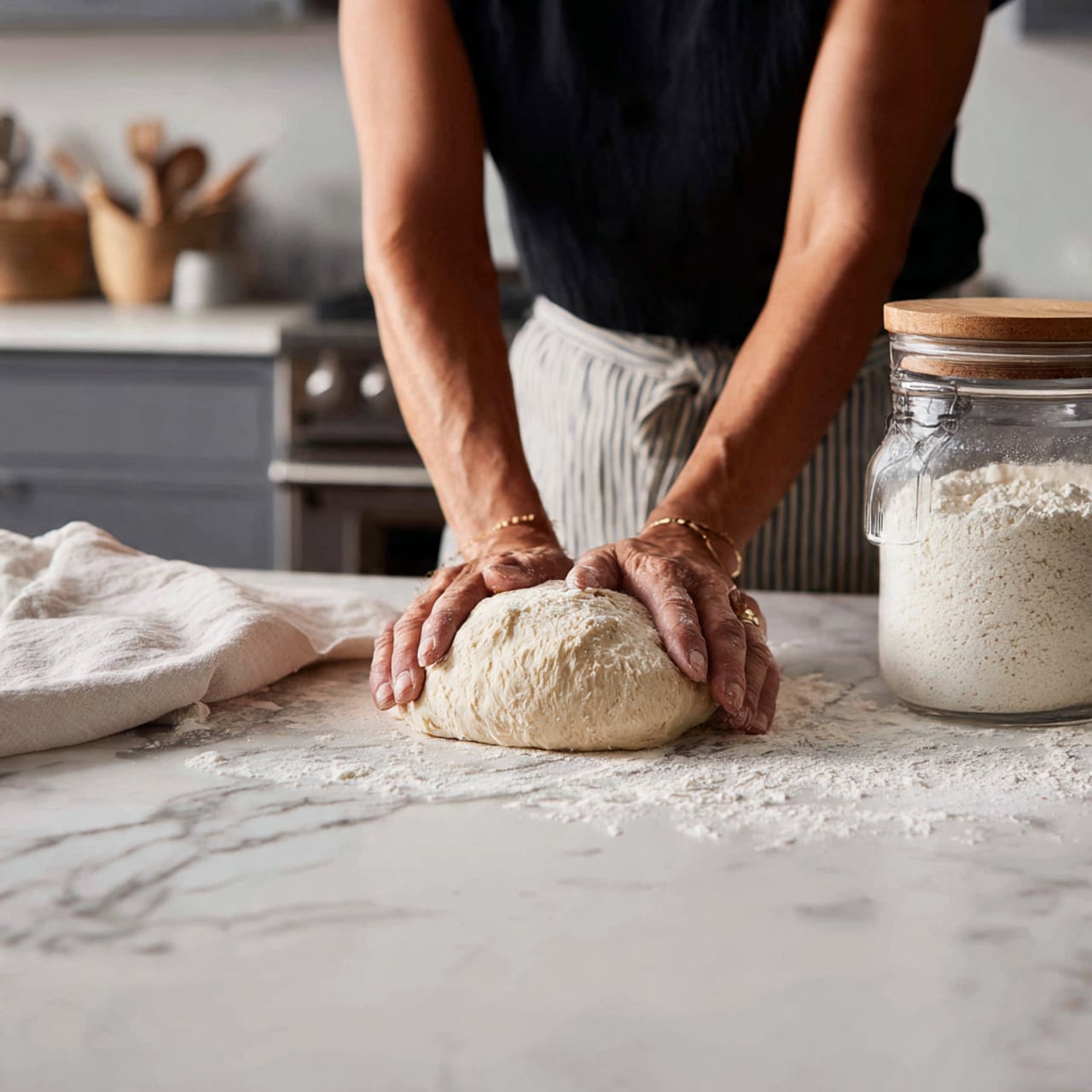 A pair of tanned arms are seen kneading light beige dough on a white marbled kitchen counter. The dough is smooth and slightly rounded, positioned in the center with the woman's hands pressing and folding it. To the left, a white cloth is casually placed, and to the right, a large glass jar filled with white flour is visible with a wooden lid. The person is wearing a black top and a white apron with thin dark stripes tied around the waist. The background features a blurred view of a kitchen oven and grey cabinets. photo taken with an iphone --ar 4:5 --v 7