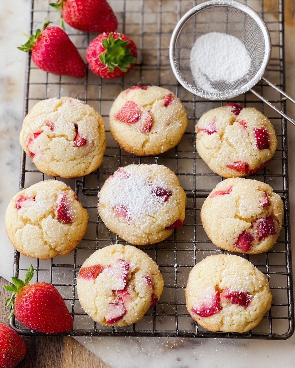 Nine round cookies with a light golden color and soft texture are placed on a metal cooling rack. Each cookie contains small pieces of bright red strawberries embedded in the dough, visible on the surface. One cookie near the center has a light dusting of white powdered sugar, adding a soft contrast. Fresh red strawberries with green tops and a small metal strainer filled with white powdered sugar are placed on the white marbled surface behind the rack. The overall look is warm and homemade, with a natural rustic feel photo taken with an iphone --ar 4:5 --v 7