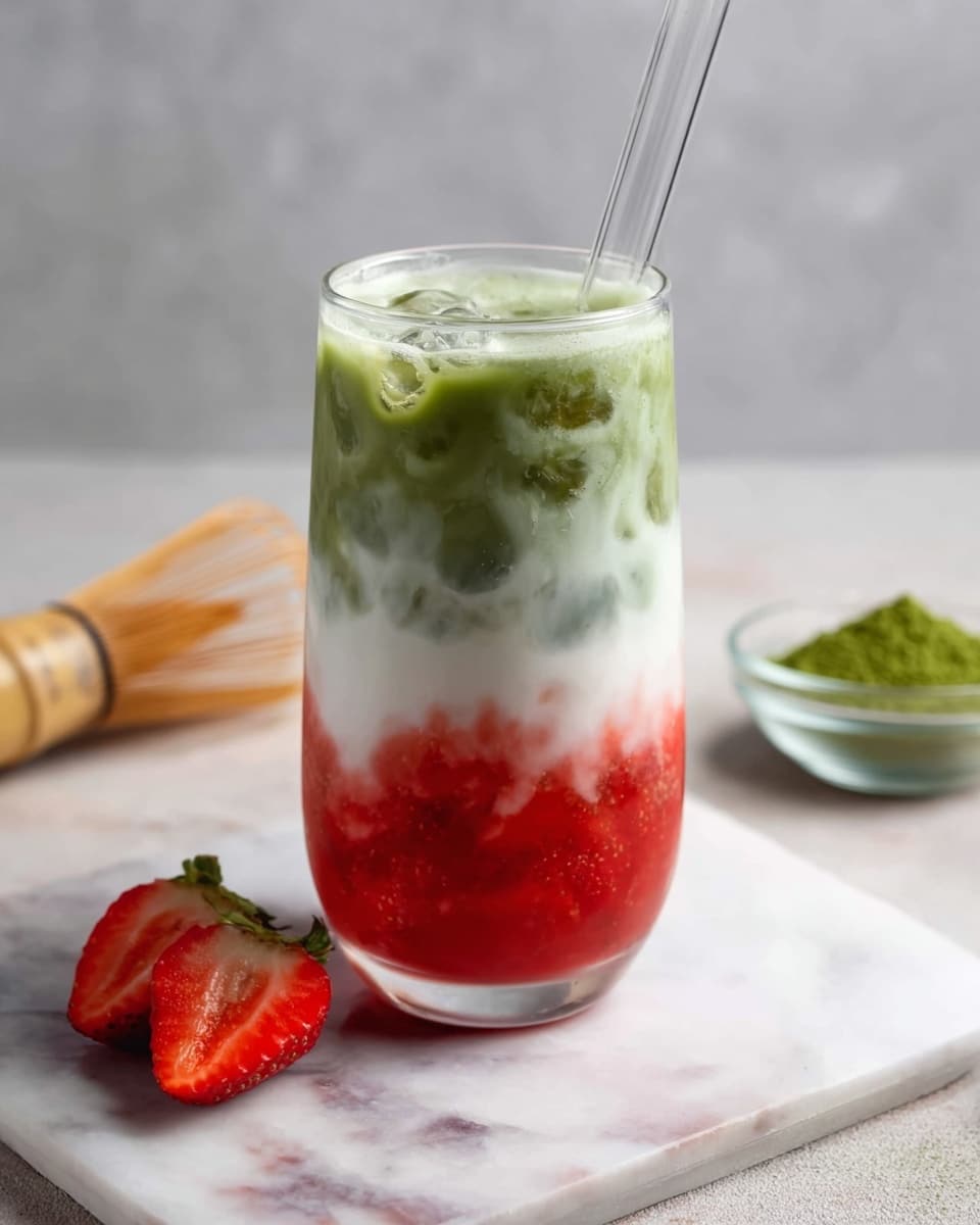 The image shows a clear glass filled with a three-layered drink placed on a white marbled surface. The bottom layer is bright red with a thick, slightly chunky texture, likely crushed strawberries. Above this is a smooth white layer, creamy and opaque, sitting evenly in the middle. The top layer is a vibrant green liquid with tiny ice cubes visible throughout. A clear glass straw is placed inside the drink. Around the glass, there are two halves of fresh strawberries, a small clear bowl containing green powder, and a bamboo whisk, all set against a soft grey background. Photo taken with an iphone --ar 4:5 --v 7