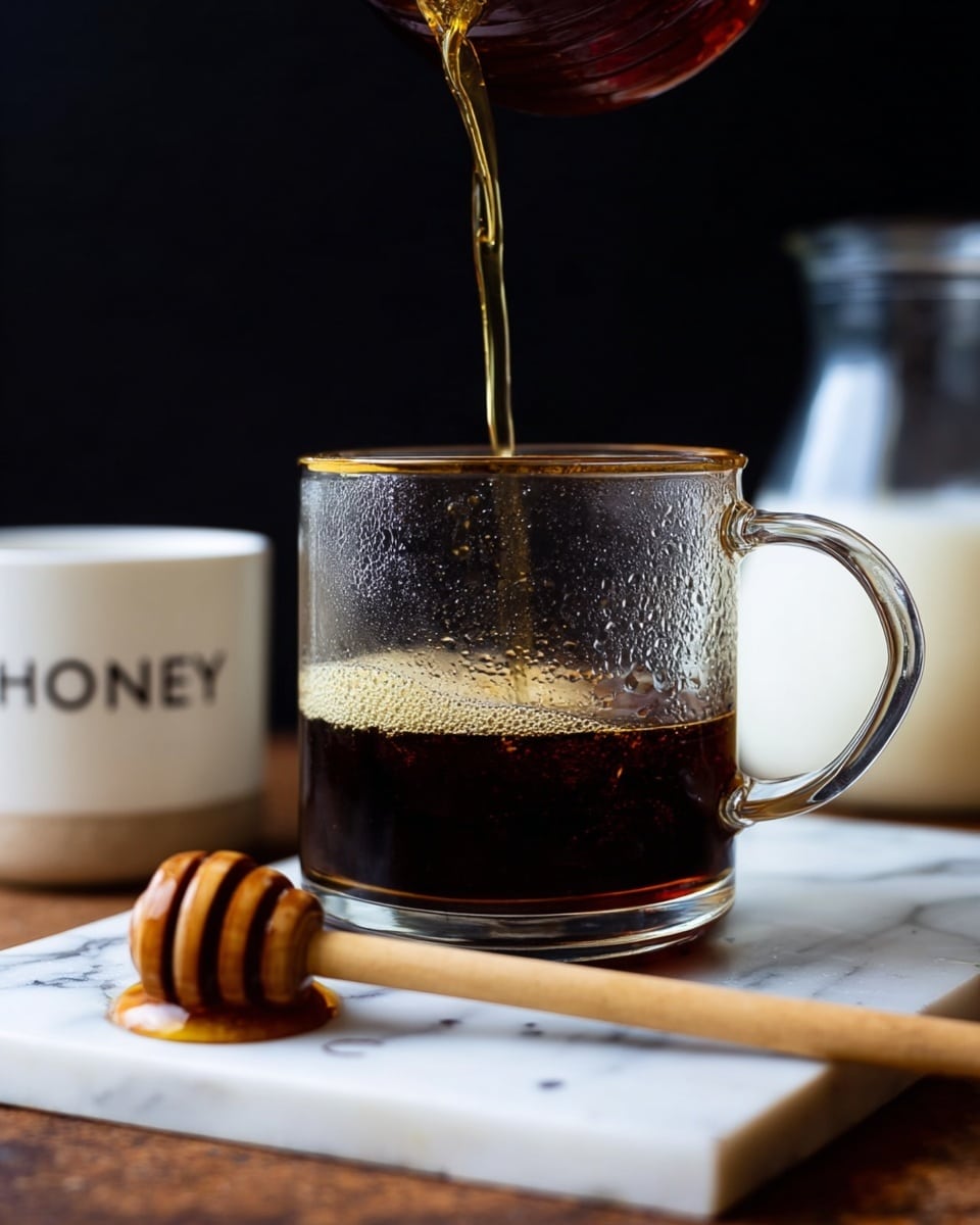 A clear glass cup with a handle is placed on a white marbled board, showing a dark brown liquid being poured into it, filling a small layer at the bottom. The glass has some condensation inside. In the foreground on the marbled board, there is a wooden honey dipper lying down, showing its round grooved end. To the left, there is a white cup with the word
