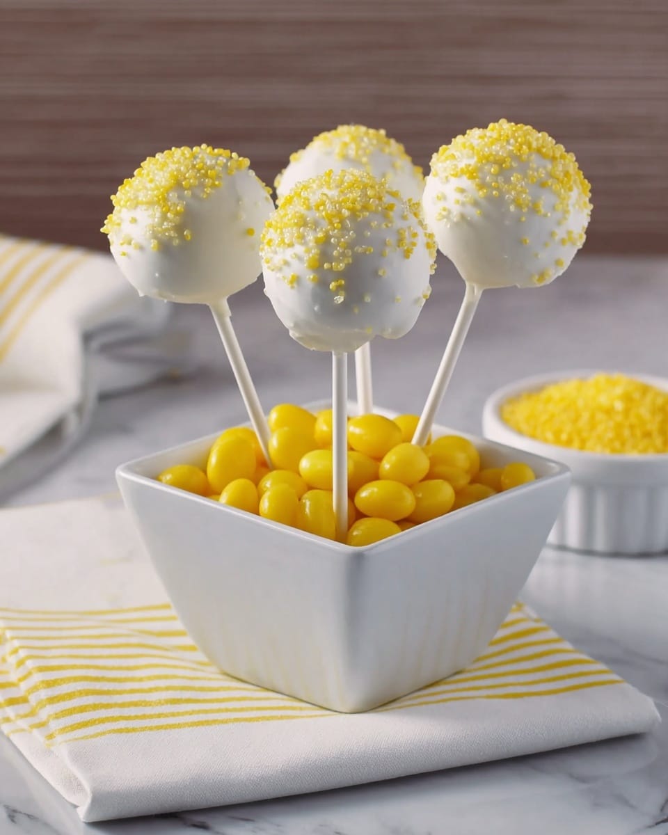 The image shows three round white cake pops with smooth white frosting on top, each sprinkled with small yellow sugar bits. These cake pops are on white sticks, standing upright in a white square bowl filled with bright yellow oval candy pieces. The bowl is placed on a white cloth with a yellow stripe pattern, all set on a white marbled surface. In the background, a white bowl with more yellow sprinkles is visible. photo taken with an iphone --ar 4:5 --v 7