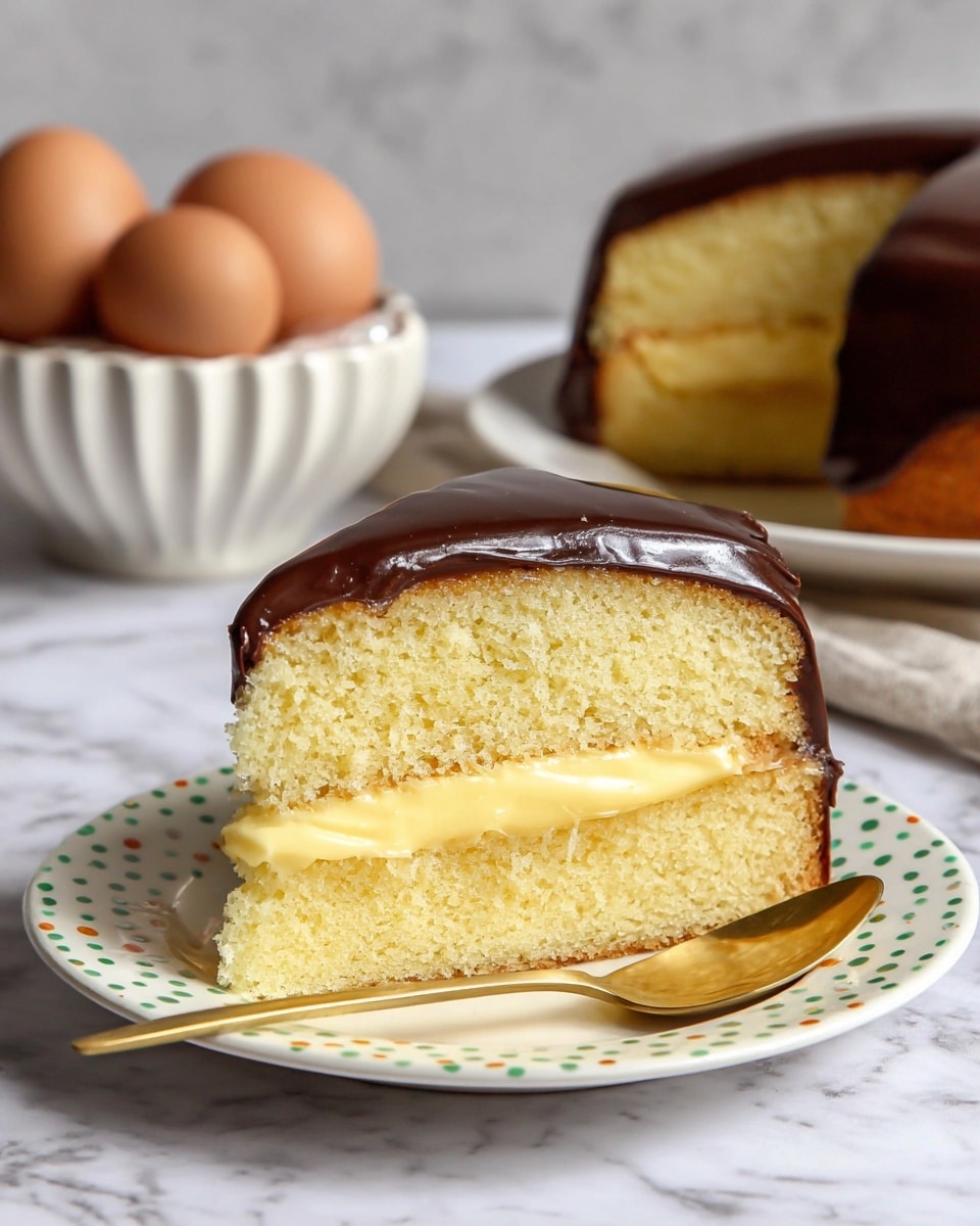 A two-layer round yellow cake sits on a white plate over a white marbled surface. Between the layers is a thick, creamy pale yellow filling that looks smooth and soft. The top layer is covered with a shiny, thick dark chocolate frosting that is slightly spread with visible swirl patterns. A slice is cut out from the cake, showing the inside layers clearly, and a woman's hand is holding this slice, displaying the rich chocolate topping dripping a little on the sides. photo taken with an iphone --ar 4:5 --v 7