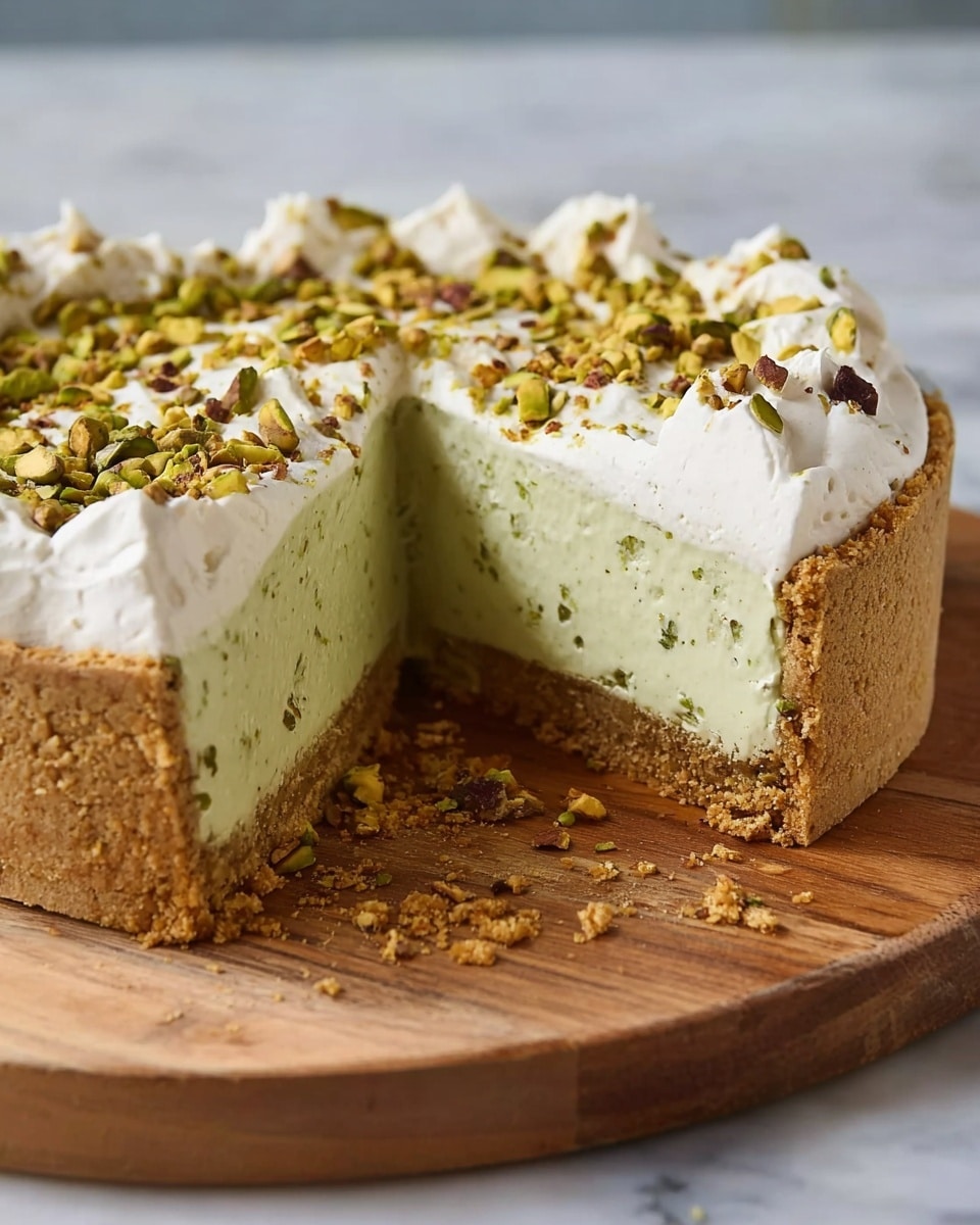 The image shows a round pie with three visible layers on a wooden cutting board. The bottom layer is a light brown crust that looks crumbly and thick, forming the pie’s base and sides. The middle layer is thick and creamy, pale green with tiny darker green specks spread evenly throughout, filling most of the pie. The top layer is white whipped cream with a smooth fluffy texture and soft peaks, sprinkled with chopped pistachios in green and brown tones. The surface below the board is a white marbled texture. Photo taken with an iphone --ar 4:5 --v 7