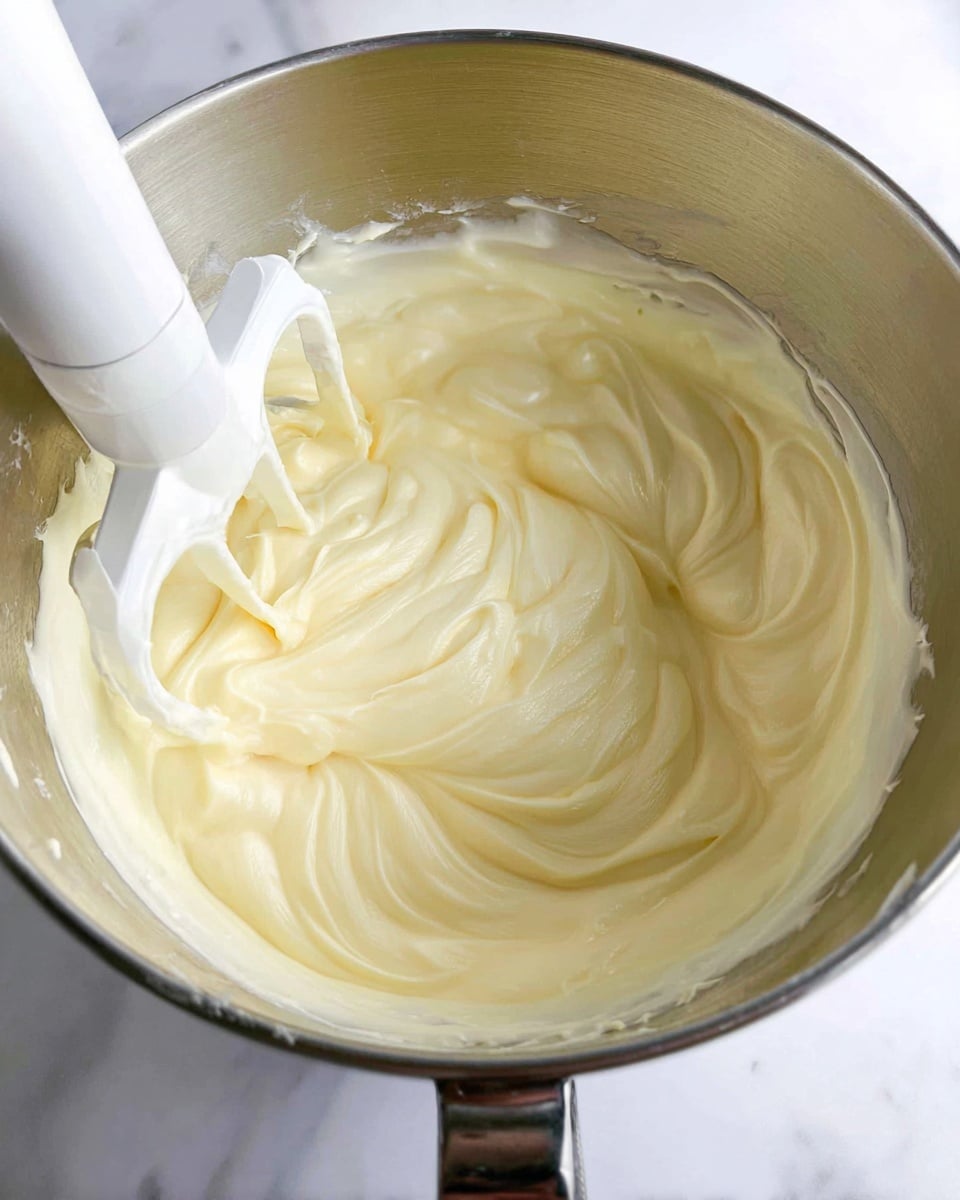 A close-up view inside a shiny metal mixing bowl shows a thick, smooth cream with a pale yellow color. The creamy mixture fills the bowl and has soft swirls made by the white paddle attachment of a mixer, which is still inside the bowl. The background is a white marbled surface that gently contrasts with the creamy texture. photo taken with an iphone --ar 4:5 --v 7