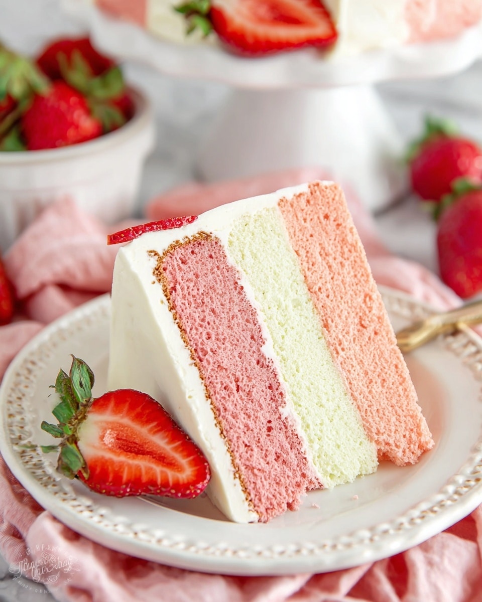 A slice of three-layer cake sits on a white plate with a decorative edge on a pink cloth. The cake has two outer layers of pink sponge with a soft, porous texture and a thick middle layer of pale cream-colored filling. The entire slice is covered with a smooth white frosting. A shiny sliced strawberry piece rests on top of the cake slice. In the background, whole strawberries in a white bowl and a white cake stand topped with sliced strawberries can be seen, all on a white marbled surface. Photo taken with an iphone --ar 4:5 --v 7