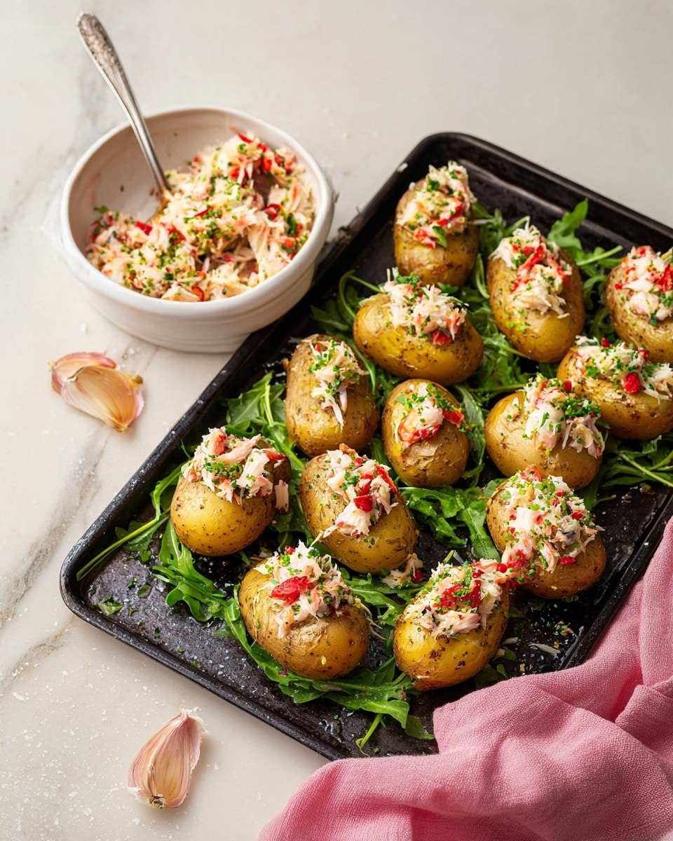 A black baking tray holds about a dozen small roasted golden potatoes, each topped with a colorful mix of finely shredded white crab meat mixed with small pieces of red bell pepper and green herbs. Bright green arugula leaves are scattered around the tray and between the potatoes, adding a fresh contrast. Near the top left corner of the tray, a white bowl contains more of the crab topping with a silver spoon in it. The tray sits on a white marbled surface next to a soft pink cloth on the right side. Photo taken with an iphone --ar 4:5 --v 7