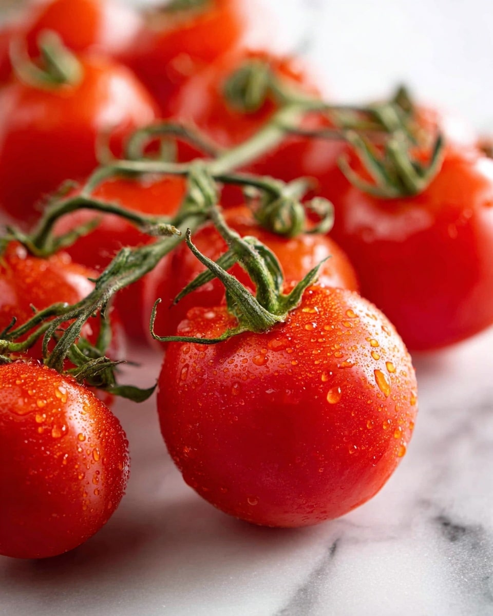 A bunch of bright red tomatoes still on their green vine lie on a white marbled surface. The tomatoes have smooth, shiny skin with small water droplets scattered on them, adding a fresh look. The green vine contrasts vividly against the smooth red tomatoes. The focus is on the front tomato cluster, showing detailed texture and natural shine, while more tomatoes blur softly in the background. photo taken with an iphone --ar 4:5 --v 7
