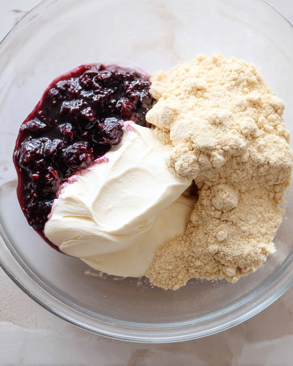 In a clear glass bowl on a white marbled surface, four ingredients sit side by side without mixing: a smooth, thick white layer of cream positioned on the left, a dark purple jam with visible small fruit pieces and a shiny, sticky texture lying just below the cream, a large pile of light beige powder in the top right area with a slightly rough texture, and a smaller, more compact mound of the same light beige powder on the bottom right; the glass bowl's edge catches the light softly. photo taken with an iphone --ar 4:5 --v 7