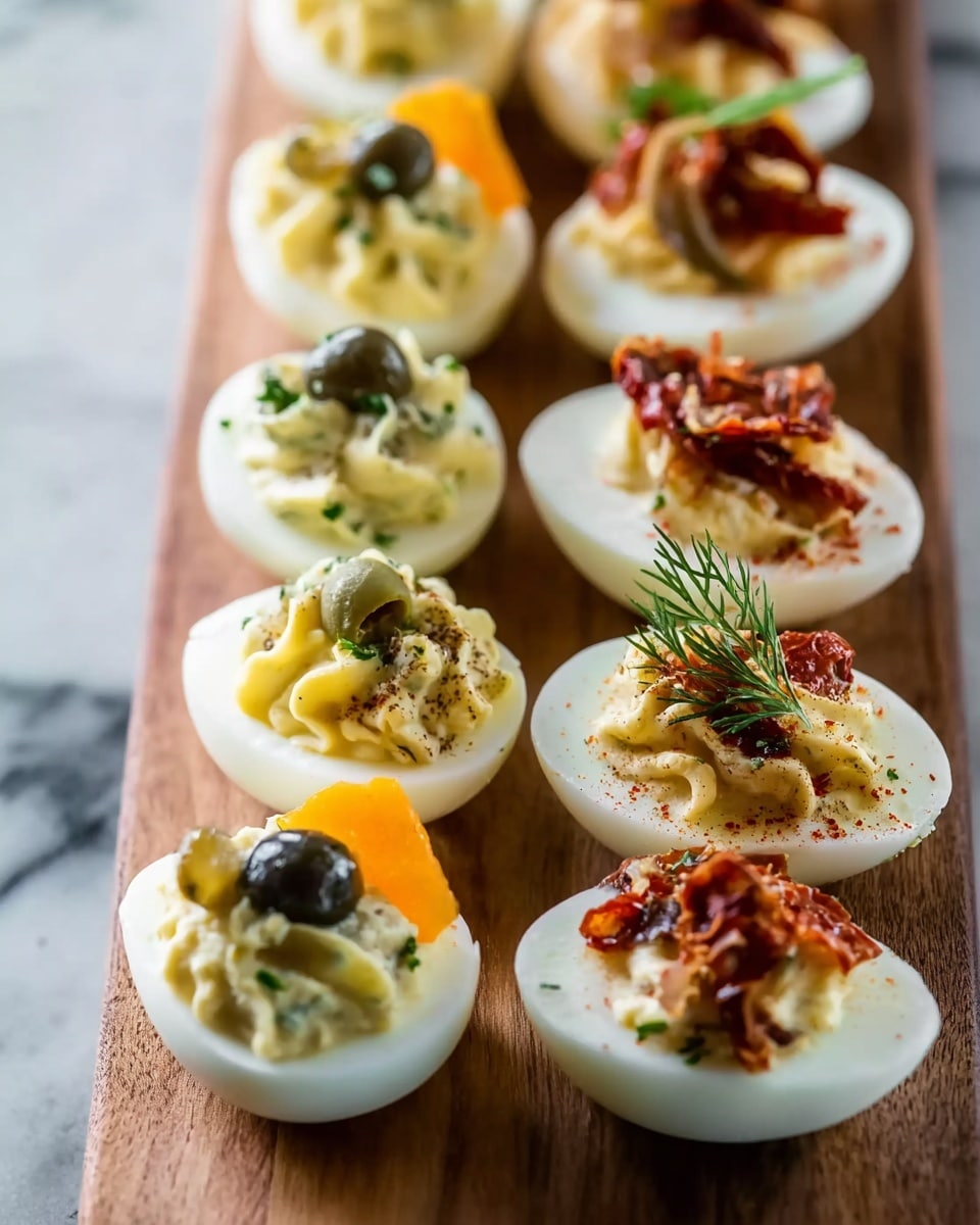 A wooden board holds two rows of deviled eggs, each egg half filled with creamy, pale yellow yolk mixture. Toppings vary on each piece: one has a sprig of green dill and a small dark green caper on top of a bright orange slice, another has a slice of artichoke and small green pickle pieces with some seasoning, while others are garnished with sun-dried tomato strips, bits of caramelized onions, or reddish-brown smoky bits. The egg whites are smooth and bright white, providing a clean contrast to the colorful toppings. The background is a white marbled texture with a woman's hand holding one of the eggs in soft focus. photo taken with an iphone --ar 4:5 --v 7