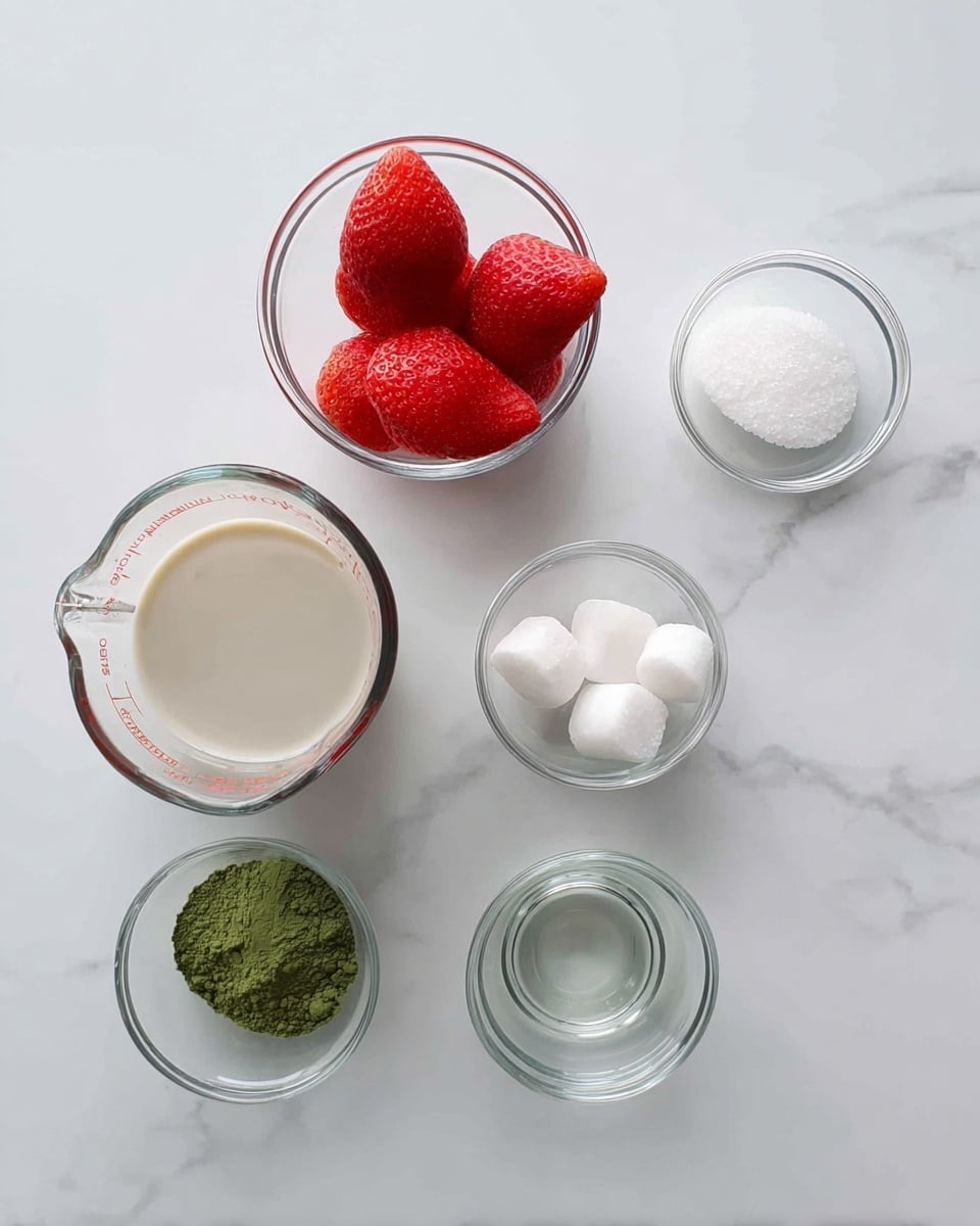 Six clear glass bowls and a glass measuring cup are arranged on a white marbled table. The largest bowl at top left holds four bright red strawberries, one sliced in half showing its red inside. Directly below is a glass measuring cup filled with light beige creamy liquid. To the right of the strawberries are five smaller glass bowls in two rows: the top row has white granulated sugar on the left and clear round ice cubes on the right, while the bottom row shows a mound of green powder on the left and an empty bowl on the right. The overall setup is clean and simple, focused on the different colors and textures of the ingredients. photo taken with an iphone --ar 4:5 --v 7
