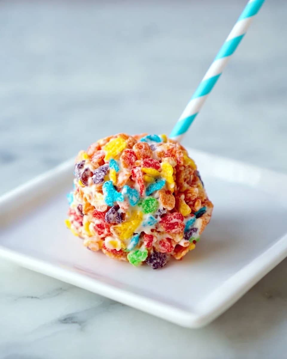 A round popsicle is shown covered fully in a thick white coating, with colorful small cereal pieces embedded inside and on the outside top, giving a bright mix of red, blue, yellow, orange, and green colors against the white layer. A blue and white striped stick is inserted in the middle from the top. The popsicle sits on a white marbled surface scattered with many of the same vibrant cereal pieces around it. The texture of the coating looks smooth but thick, while the embedded cereal adds a rough, crunchy look. Photo taken with an iphone --ar 4:5 --v 7