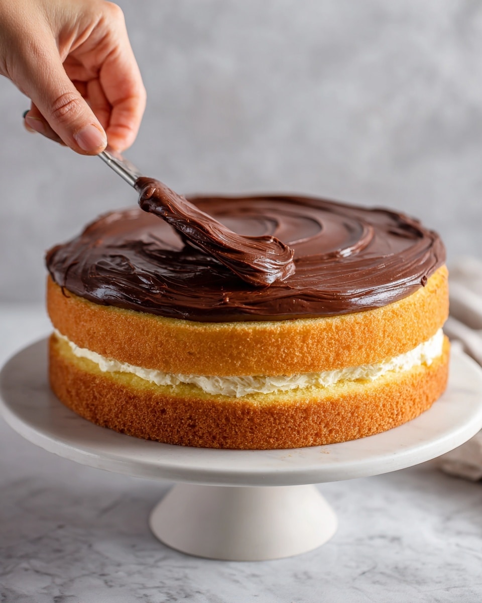A two-layer round cake is shown on a white cake stand with a white marbled background. The bottom layer is light golden brown with smooth cream filling sandwiched between the layers. The top layer is covered thickly with a glossy dark chocolate spread being smoothed with a small spatula held by a woman's hand coming from the top left side of the image. The chocolate spread has a shiny, rich texture, contrasting with the soft, airy cake layers beneath. Photo taken with an iphone --ar 4:5 --v 7