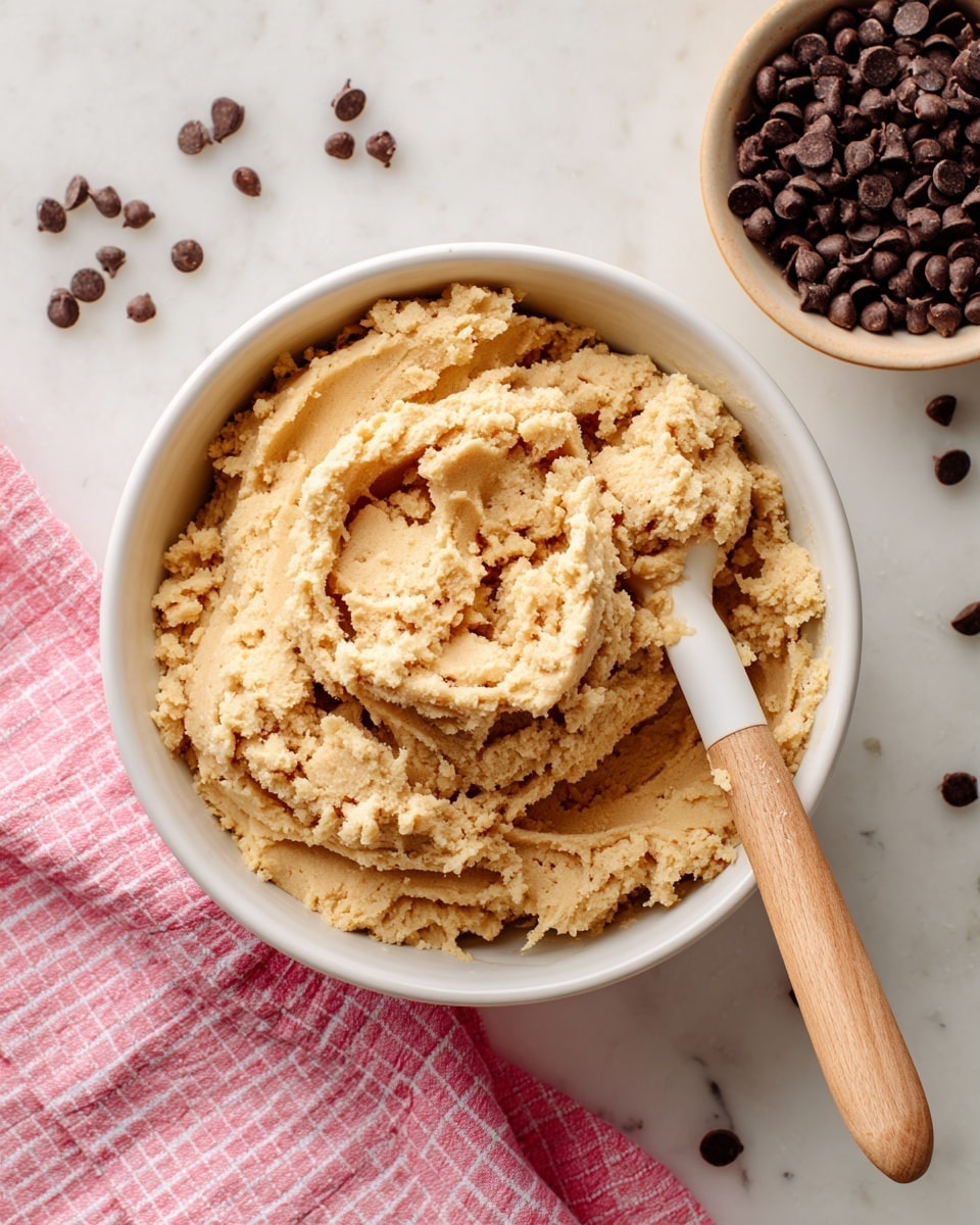 A white bowl filled with thick, light tan cookie dough, slightly rough in texture, is shown from above. A wooden spoon with a white silicone tip is resting inside the bowl, partly covered in dough. Around the bowl, there is a white marbled surface with scattered small dark brown chocolate chips, and an additional bowl filled with more dark brown chocolate chips sits nearby. A pink and white checkered cloth is partially visible under the bowl. photo taken with an iphone --ar 4:5 --v 7