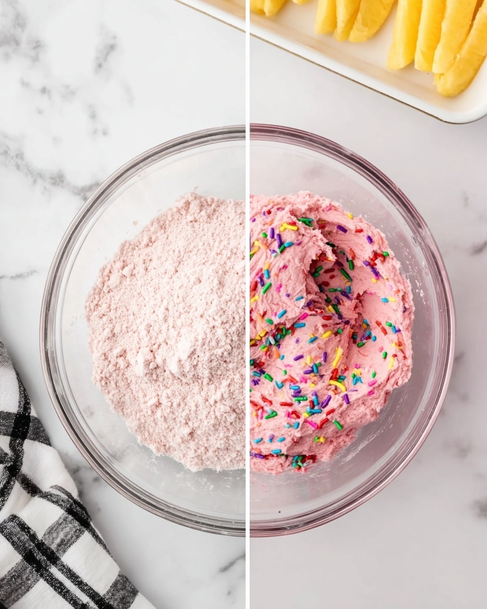 Two clear glass bowls are shown side by side on a white marbled surface. The left bowl contains a pale pink powdery mixture that looks dry and softly textured, covering the bottom evenly. The right bowl has a thick, smooth, bright pink dough mixed with colorful sprinkles in green, purple, red, and yellow scattered throughout, giving a festive look. In the top right corner, part of a white tray with sliced yellow fruit is visible. A black and white checkered cloth is partly beneath the left bowl. Photo taken with an iphone --ar 4:5 --v 7