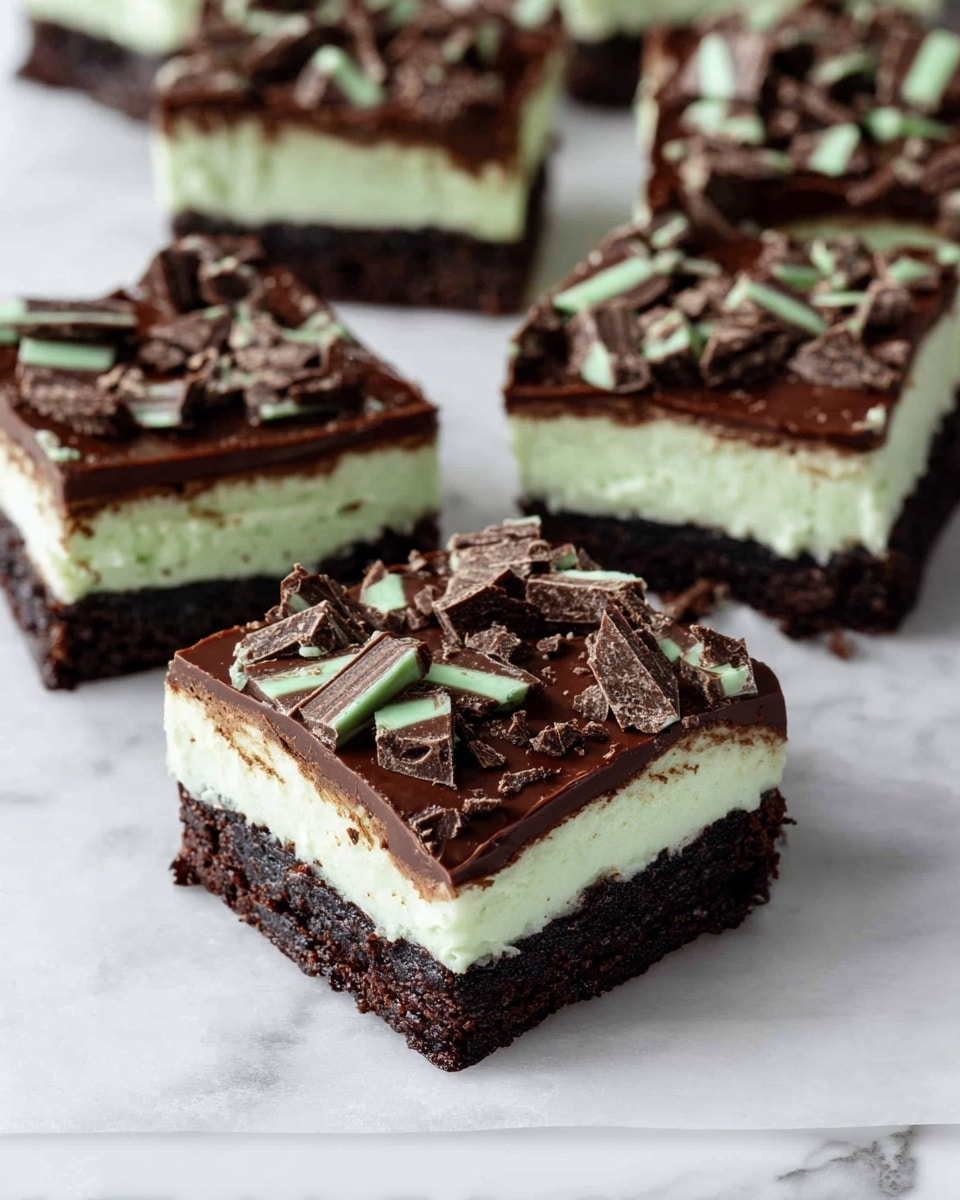 The image shows square dessert bars with three clear layers. The bottom layer is dark brown, dense, and looks like a chocolate cookie crust. The middle layer is thick, creamy, and light green, smooth in texture and contrasting with the dark base. The top layer is a shiny dark brown chocolate ganache, sprinkled with broken pieces of chocolate mint candies that have green and brown stripes. Several dessert bars are arranged in a circle on a white marbled surface, with one bar close up in the front. Photo taken with an iphone --ar 4:5 --v 7
