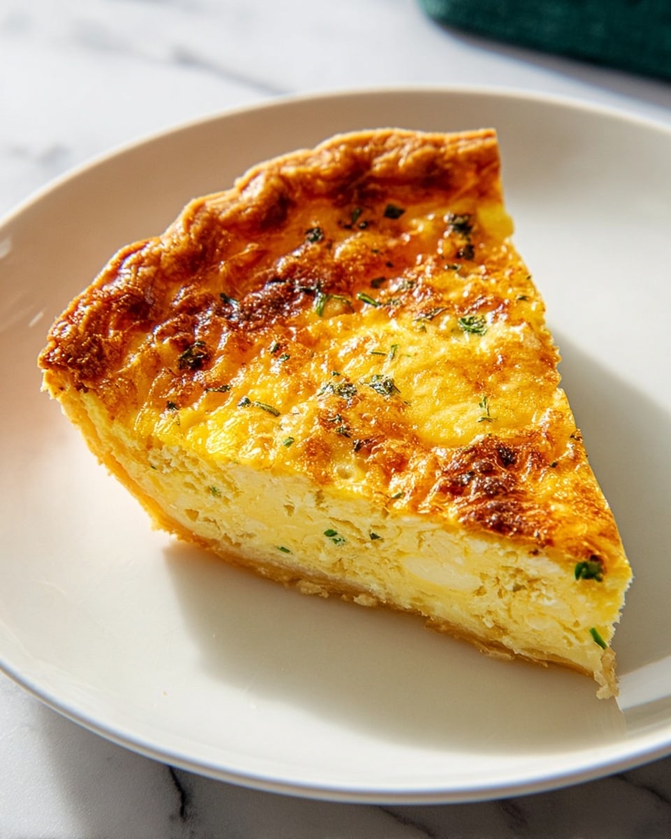 A golden brown baked quiche with a slightly crispy top layer filled with melted cheese and bits of green herbs, set in a clear glass pie dish showing the fluffy, light yellow egg base underneath. One slice is removed, revealing a soft, thick inside with visible shredded cheese and herbs throughout. The quiche sits on a white marbled surface with a colorful floral cloth underneath. A white plate holds the removed slice, positioned in the lower right corner, and a silver spatula with a black handle is lifting the slice inside the dish. Photo taken with an iphone --ar 4:5 --v 7