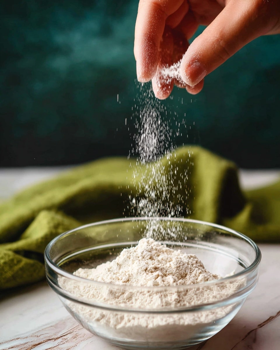 A close-up view shows a woman's hand sprinkling white powder from above into a clear glass bowl with a mound of fine, light beige flour inside. The background features a blurred green cloth and a white marbled surface, providing a soft contrast to the falling powder. Photo taken with an iphone --ar 4:5 --v 7