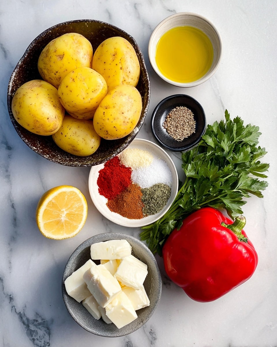 The image shows peeled yellow potatoes placed in a dark bowl on a white marbled surface. Next to the potatoes is a small white bowl holding a mix of colorful spices including green, red, and brown powders. Nearby, there is a small white bowl filled with golden olive oil and a small black bowl of coarse salt. A red bell pepper sits on the surface beside a quarter of a lemon with bright yellow flesh. In the bottom corner, there is a small gray bowl containing white cheese cut into chunks. Fresh green parsley sprigs with leafy texture complete the arrangement. The photo taken with an iphone --ar 4:5 --v 7